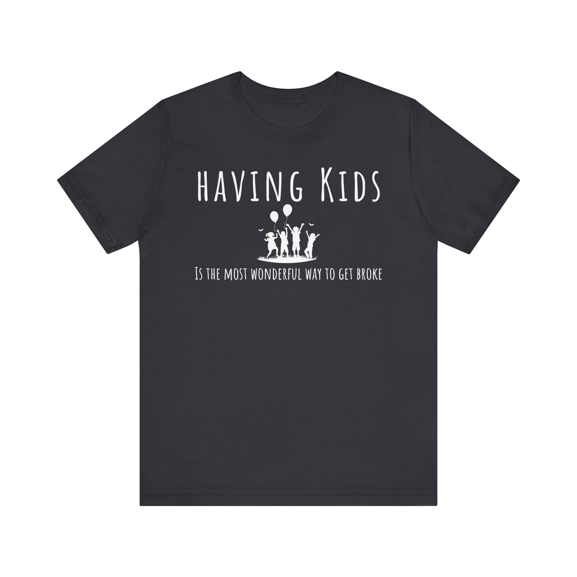 Black t-shirt with white text and graphics on a white background