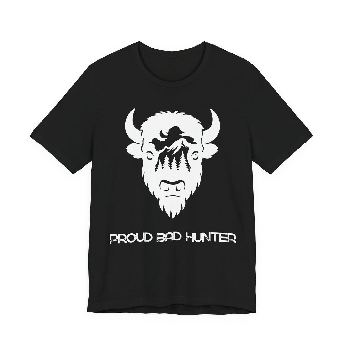 Black t-shirt with white and gold graphic design on a white background