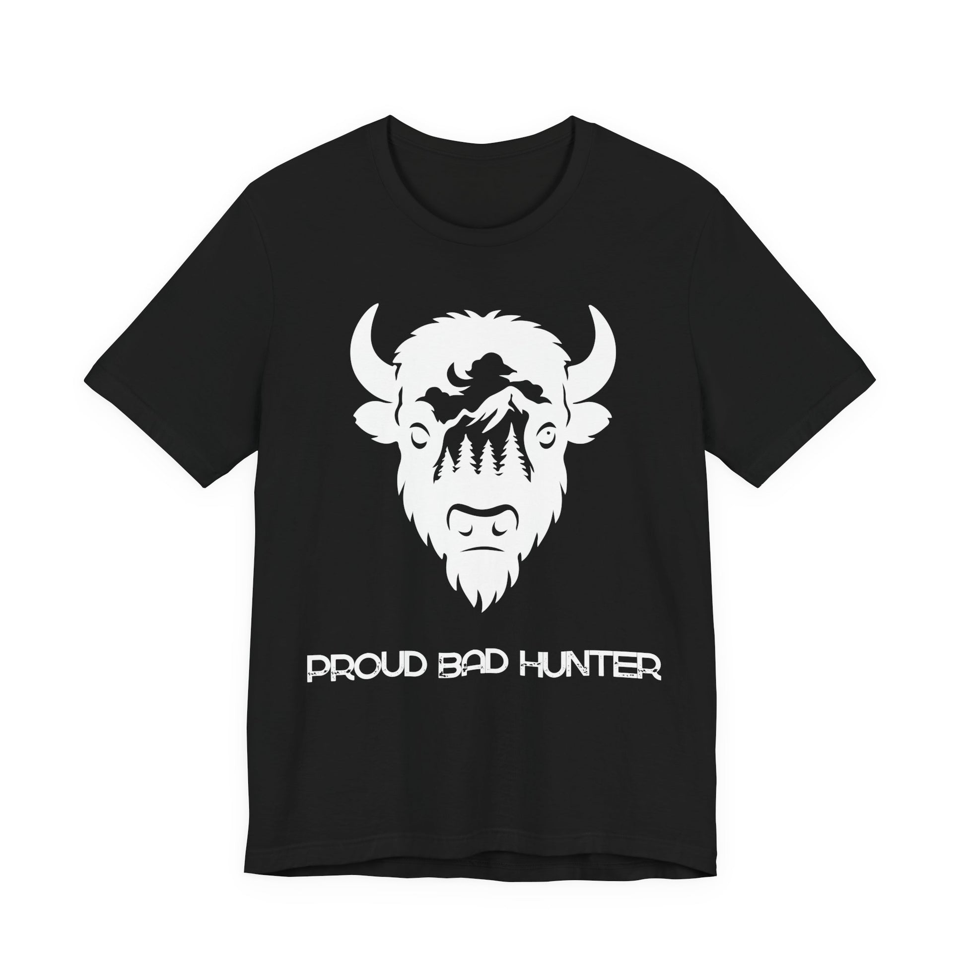 Black t-shirt with white and gold graphic design on a white background