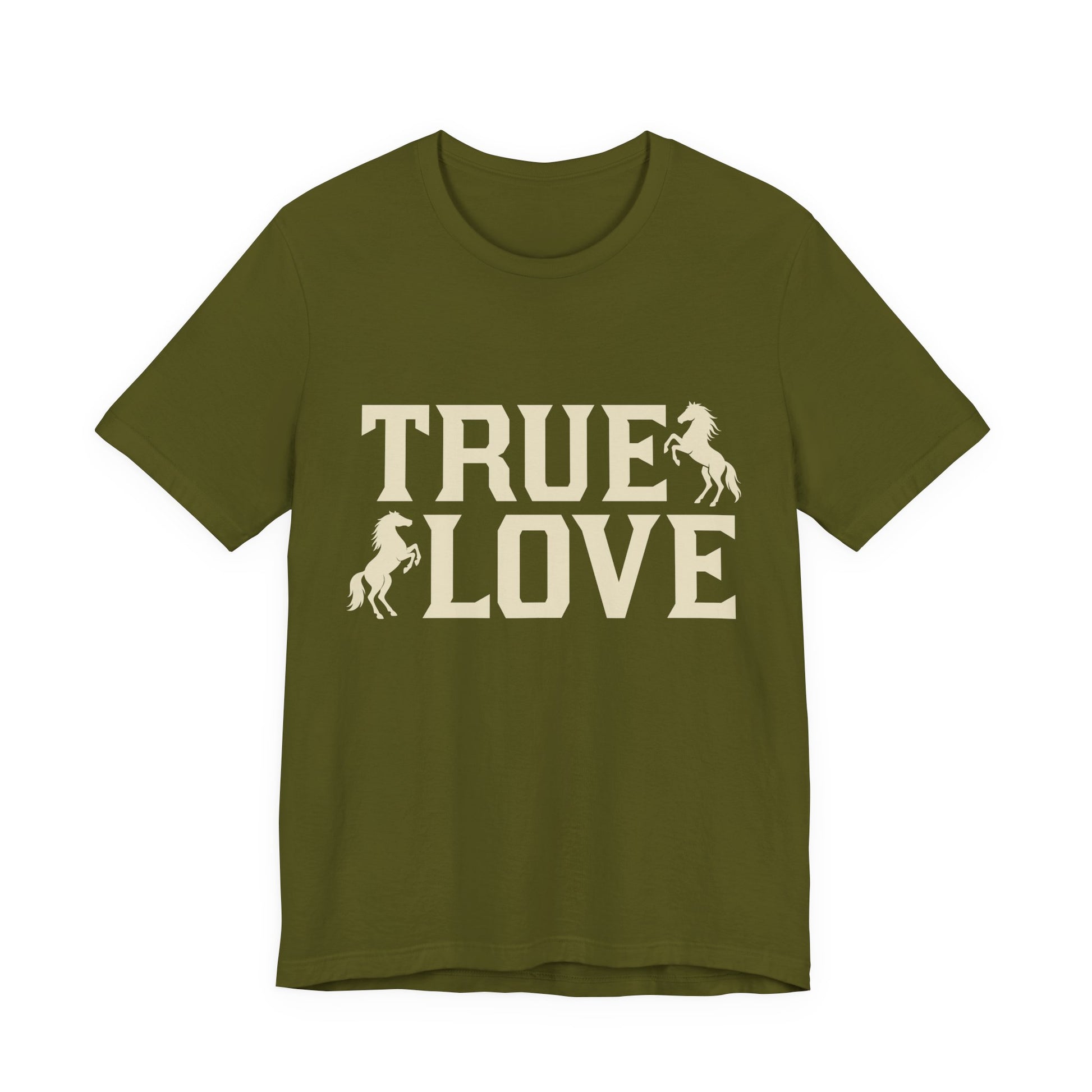Green t-shirt with 'TRUE LOVE' text and horse graphics on a white background