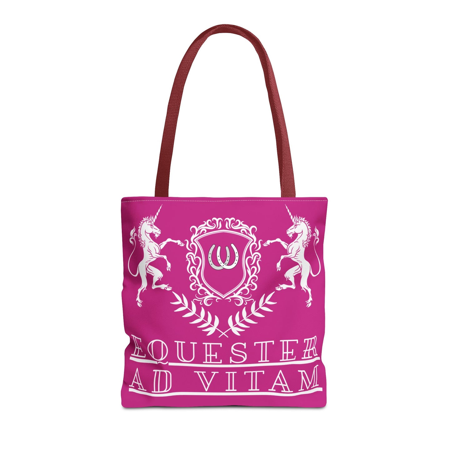 Pink tote bag with white unicorn design and text on a white background