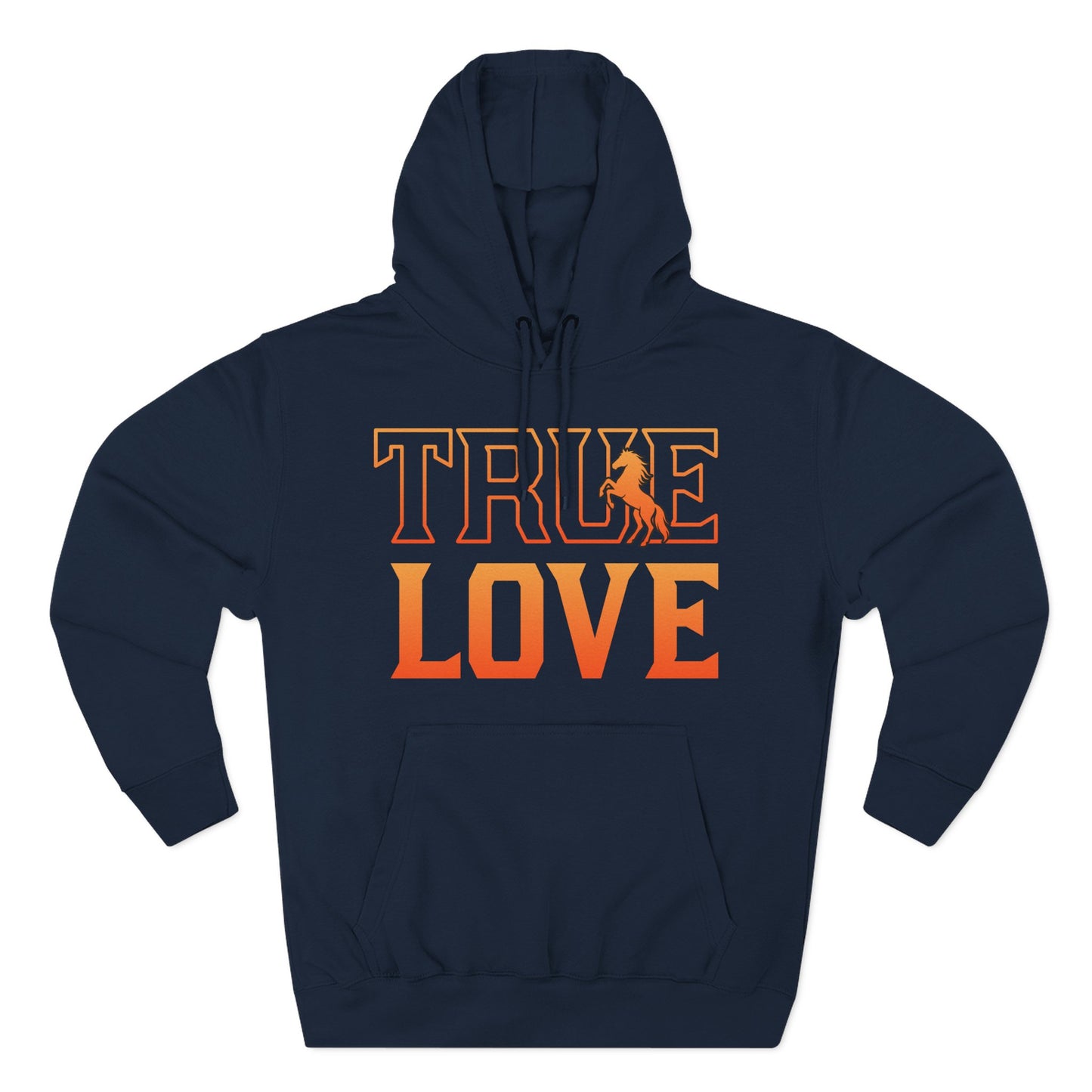 Navy hoodie with 'True Love' text and graphic on a white background