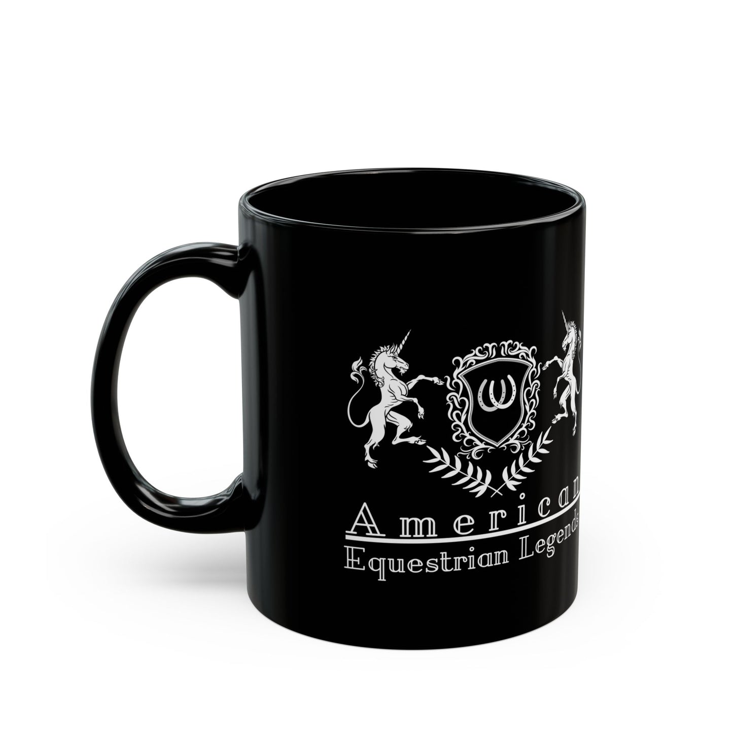 Black mug with white emblem and text on a white background
