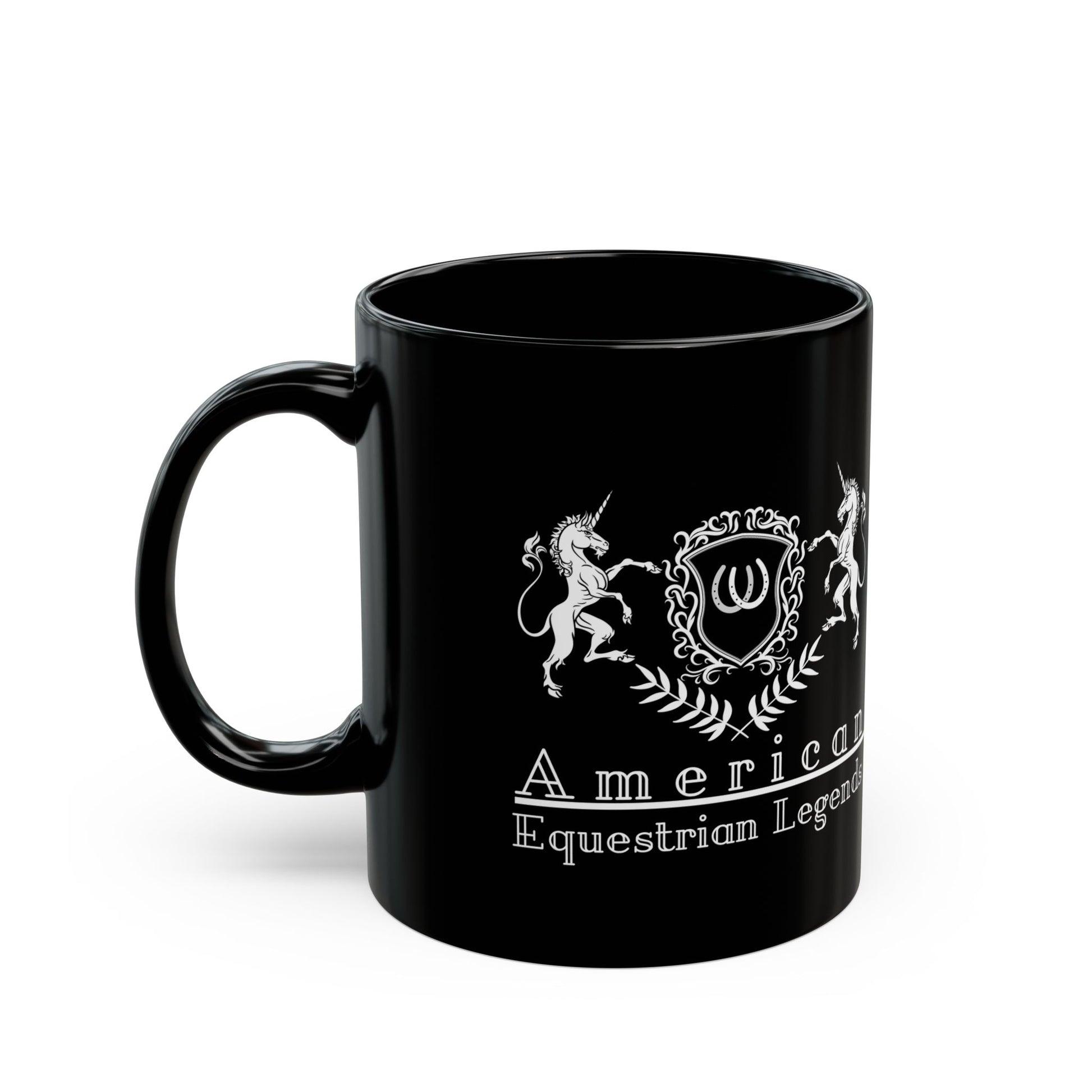 Black mug with white emblem and text on a white background