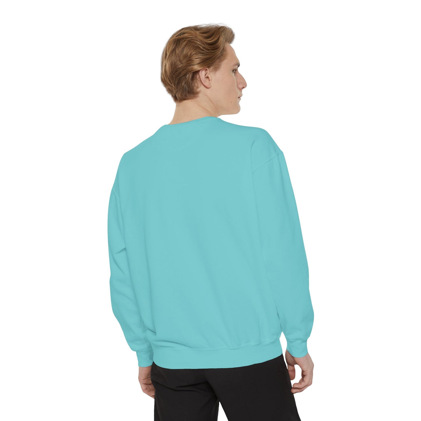 Person wearing a light blue sweatshirt on a white background
