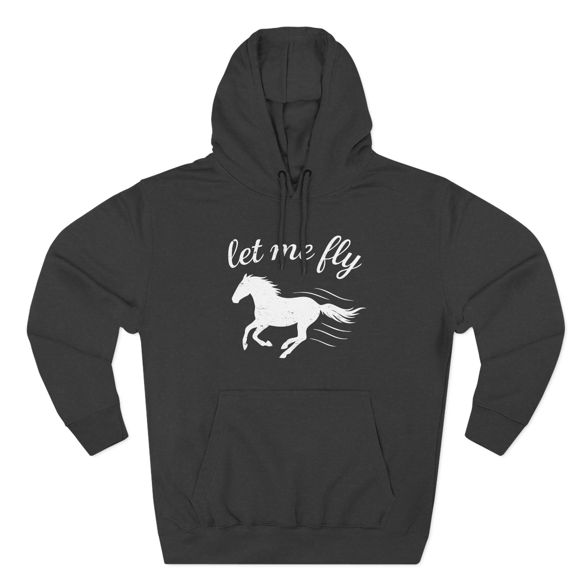 Black hoodie with a white horse graphic and 'let me fly' text on a white background