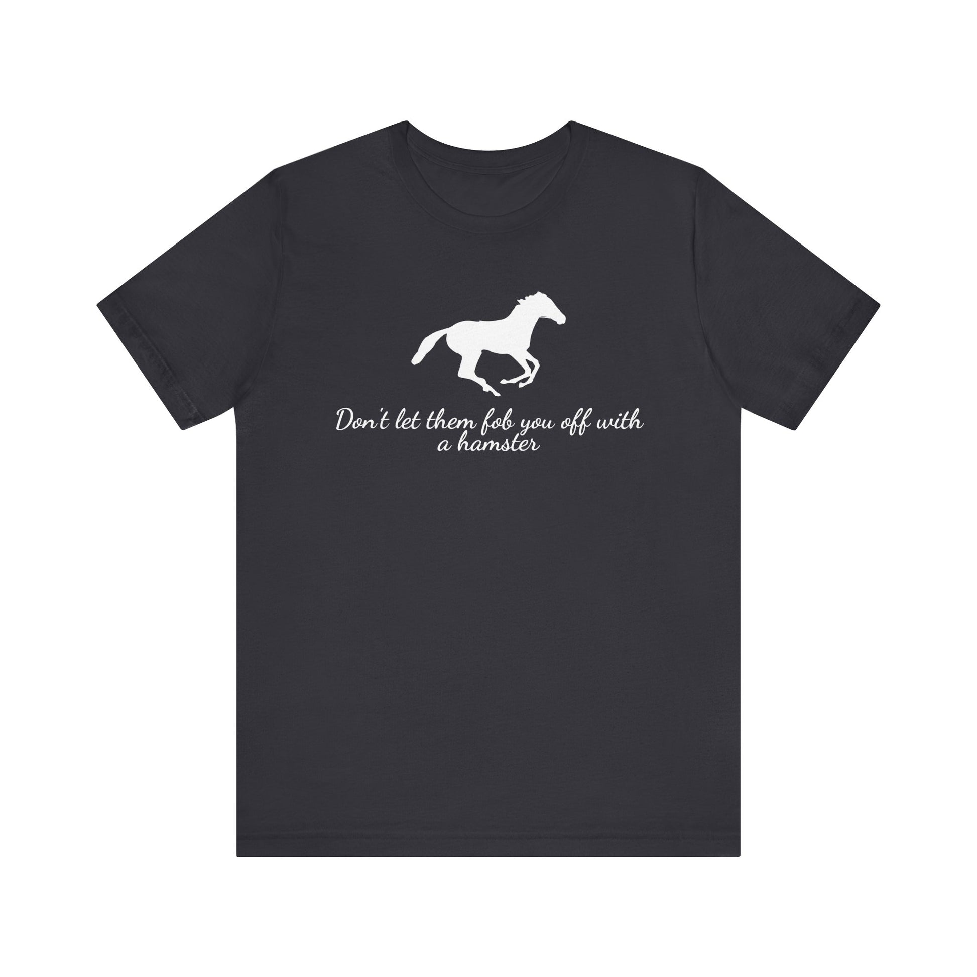 Black t-shirt with white horse graphic and text on a white background