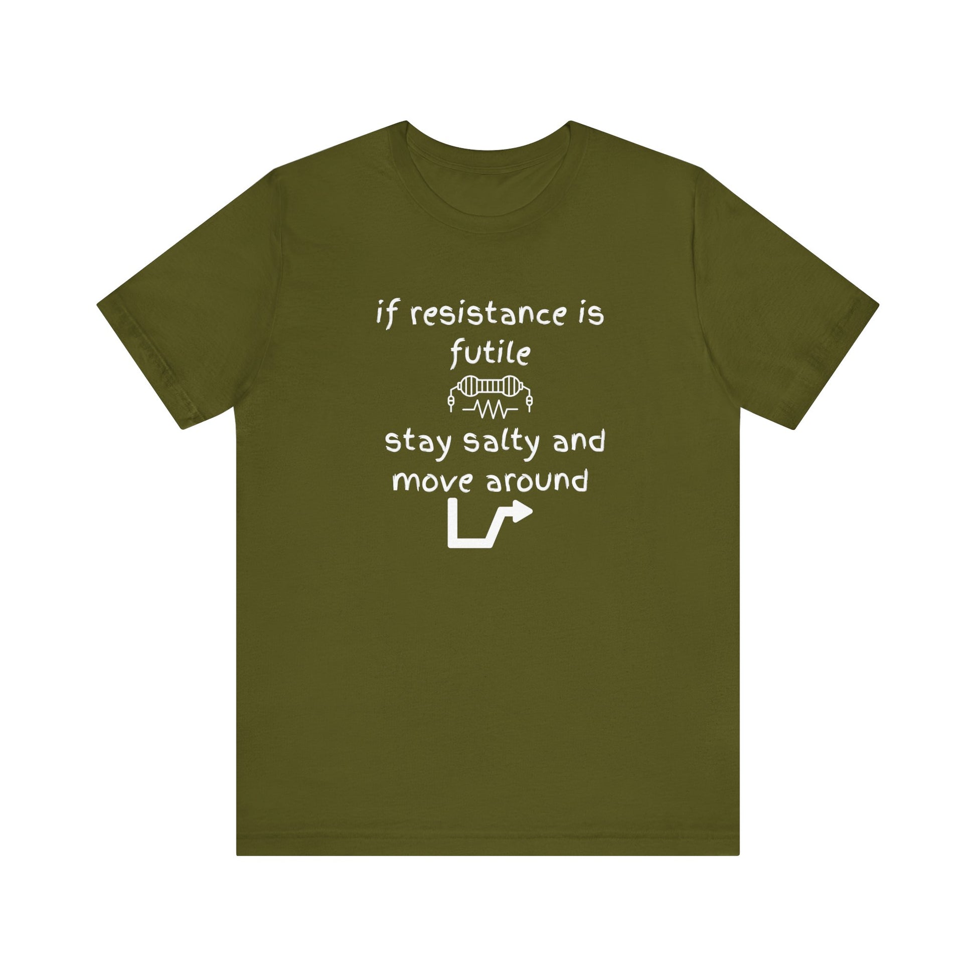 Green t-shirt with white text and graphics on a white background