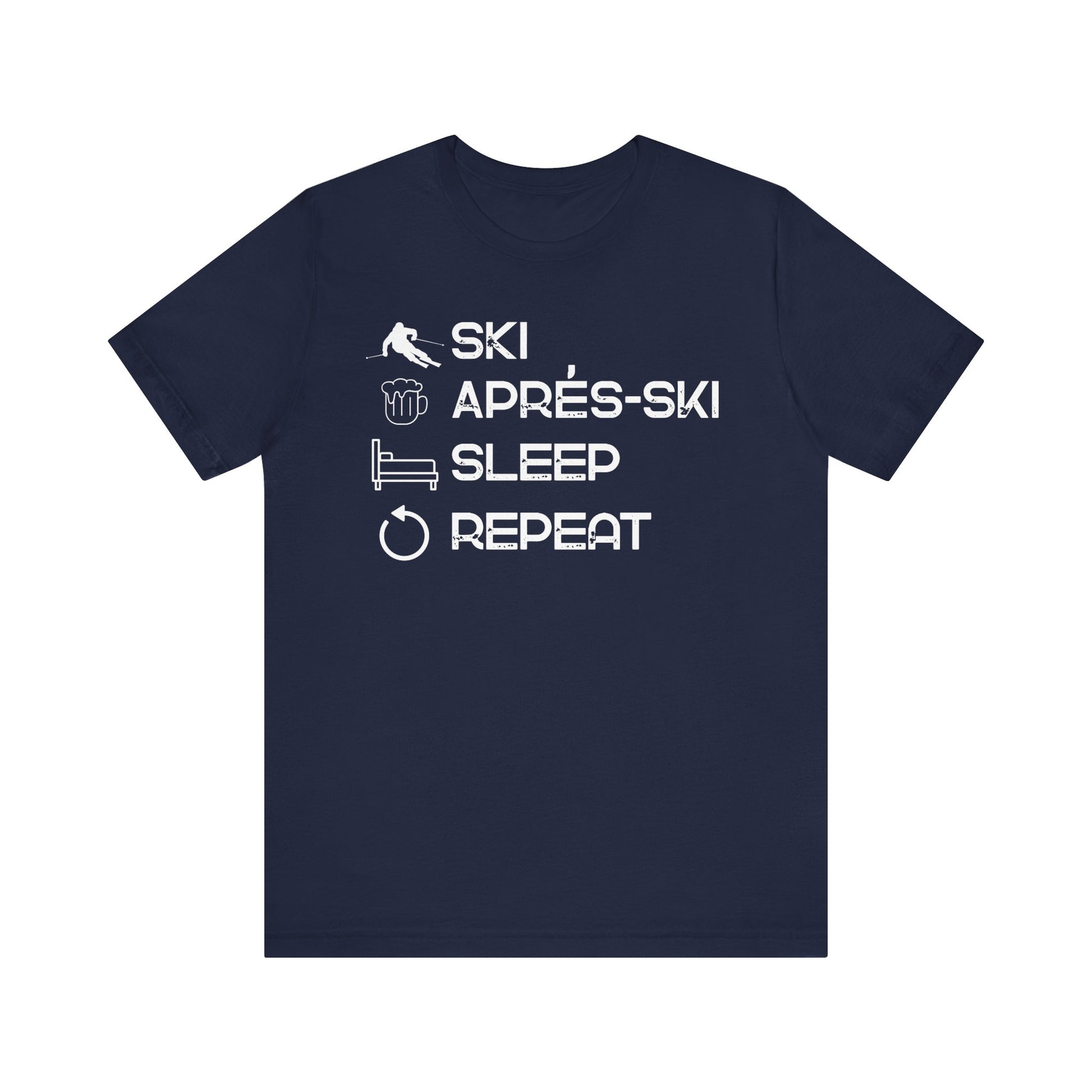 Navy blue t-shirt with white text and icons on a white background