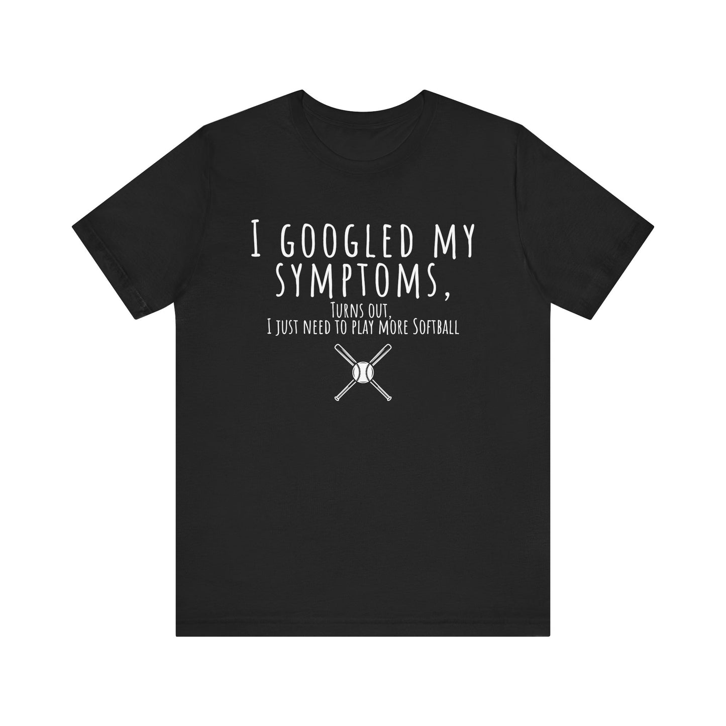 Black t-shirt with white text and softball graphic on a white background