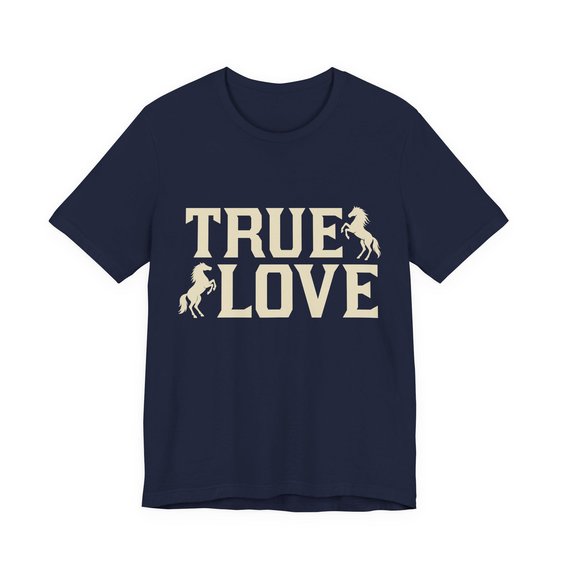 Navy blue t-shirt with 'TRUE LOVE' text and horse graphics on a white background