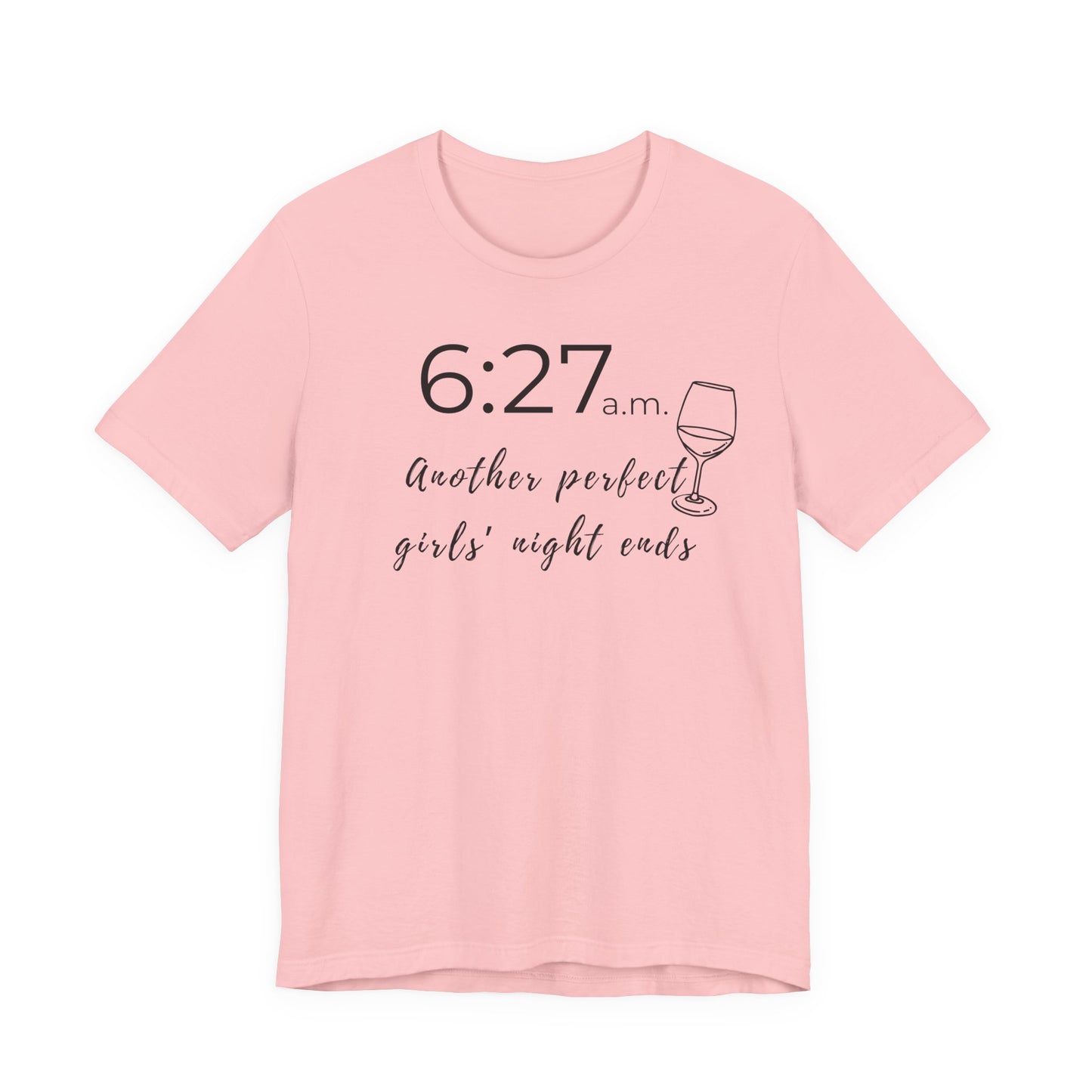 Pink t-shirt with text and wine glass graphic on a white background