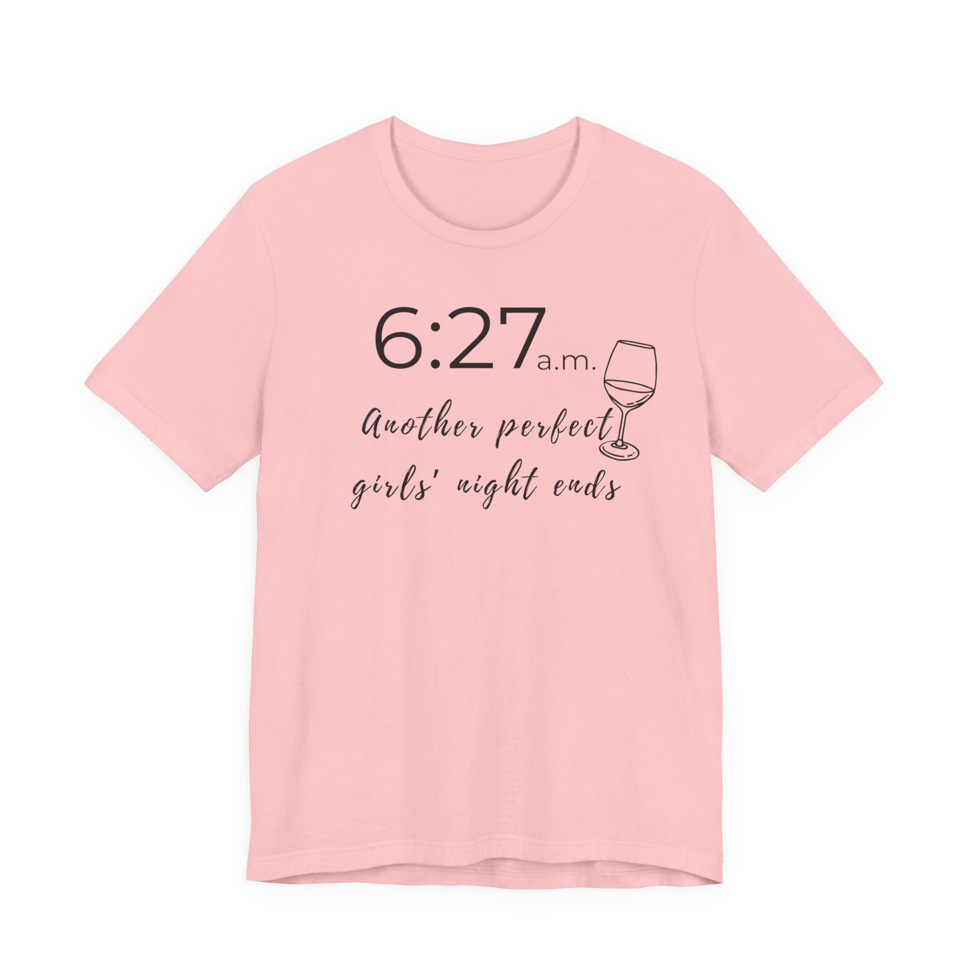 Pink t-shirt with text and wine glass graphic on a white background