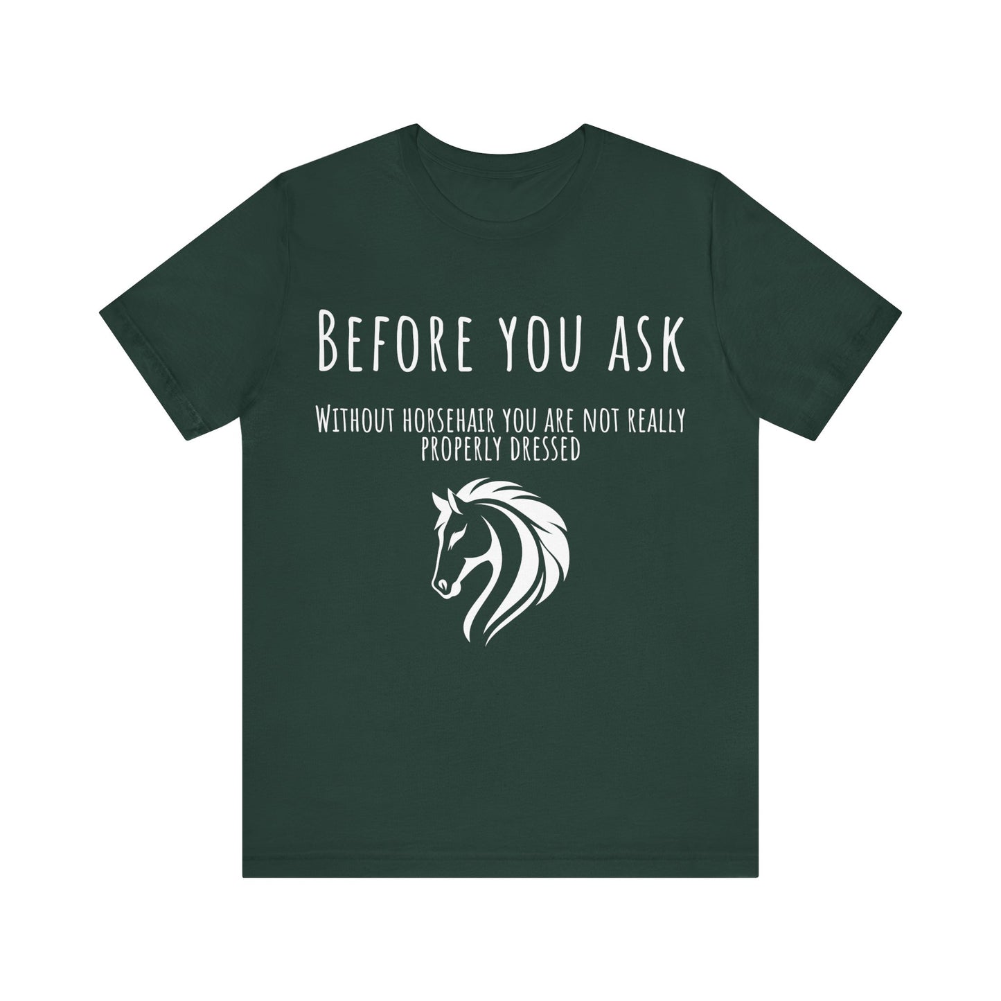 Green t-shirt with horse graphic and text on a white background