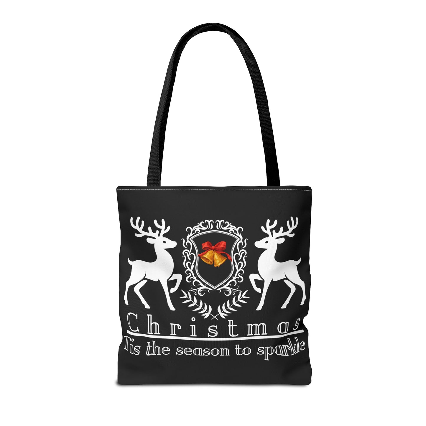 Black tote bag with white reindeer design and festive text on a white background