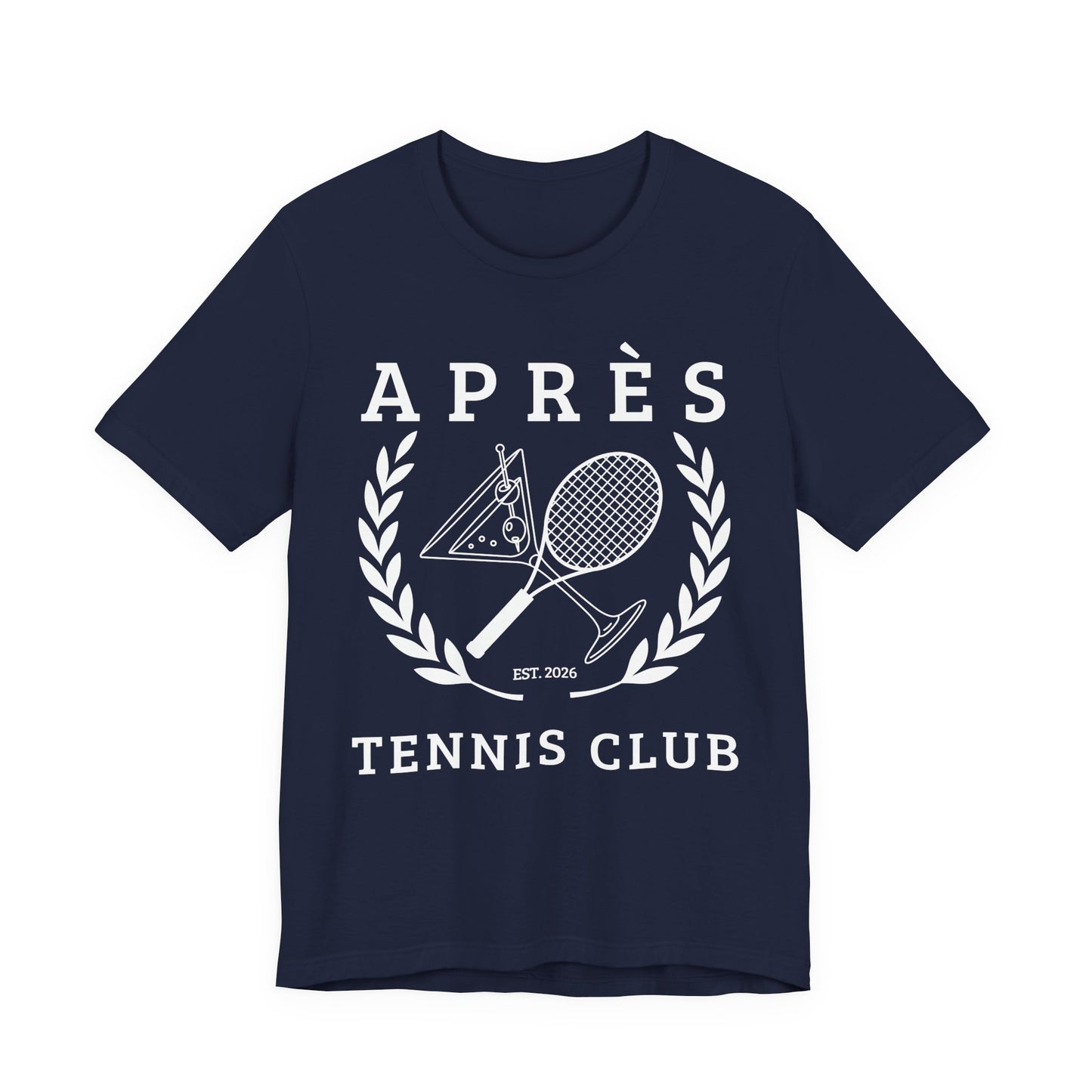 Tennis Club Shirt Navy blue t-shirt with white tennis club graphic and text on a white background