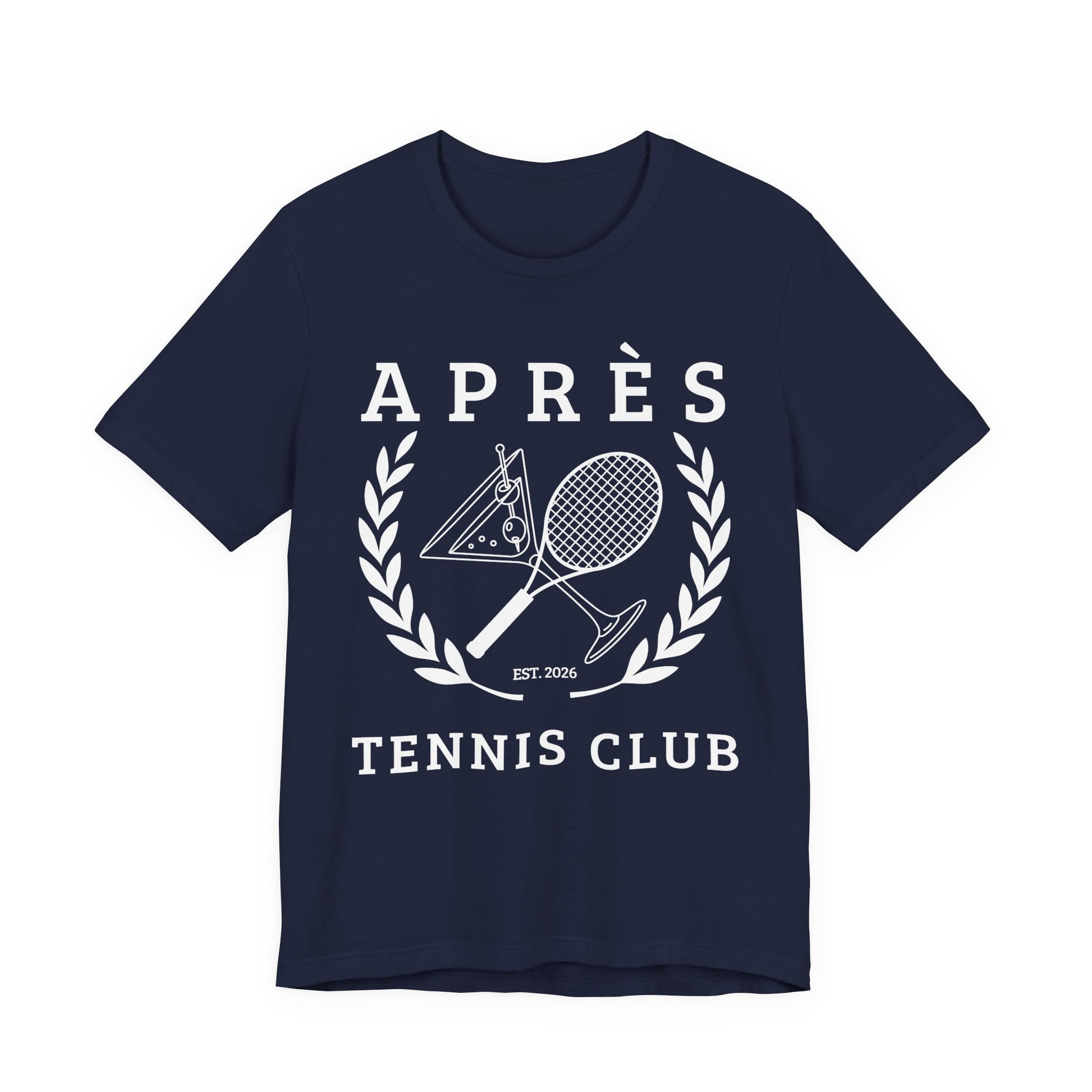 Tennis Club Shirt Navy blue t-shirt with white tennis club graphic and text on a white background