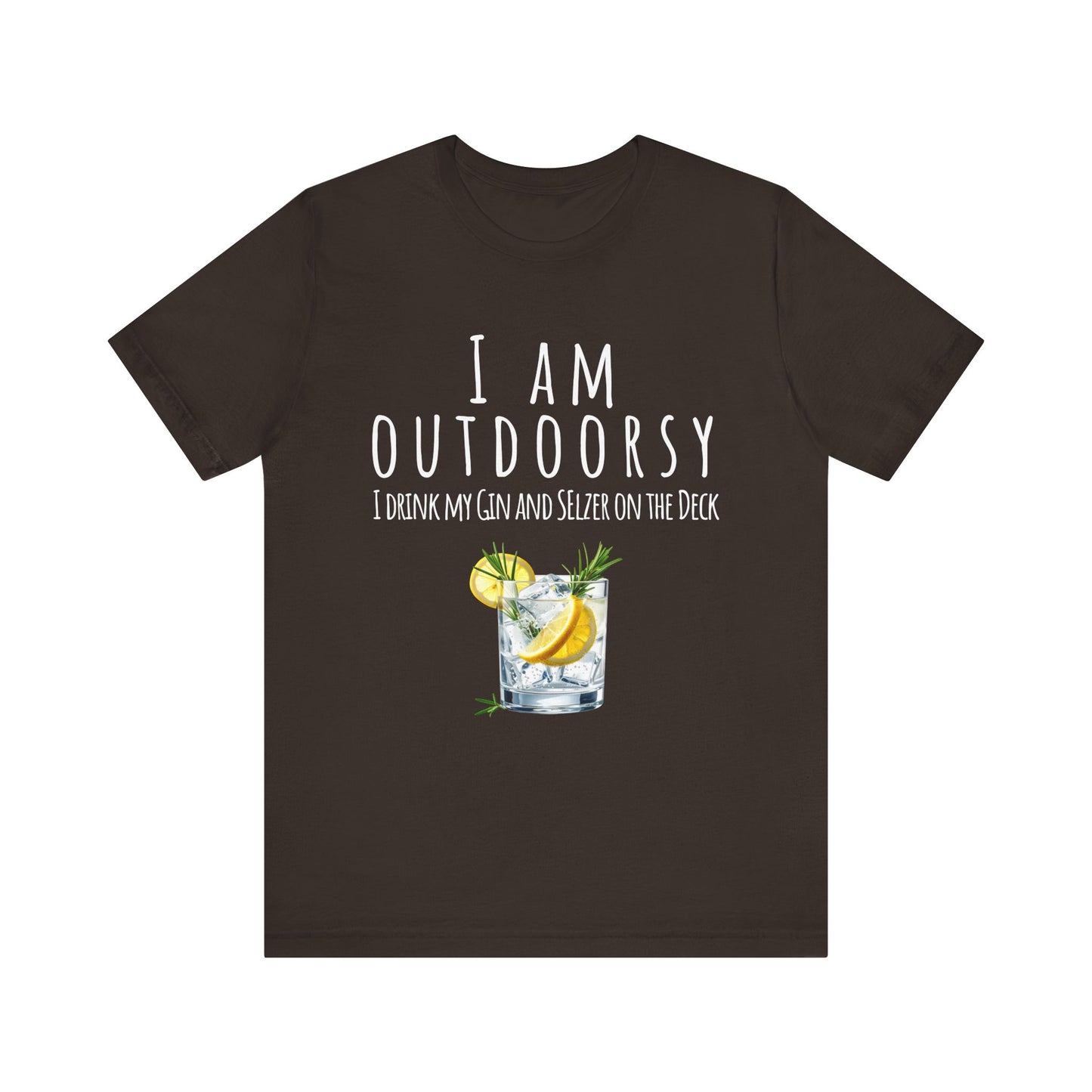 Brown t-shirt with a graphic of a cocktail and text on a white background