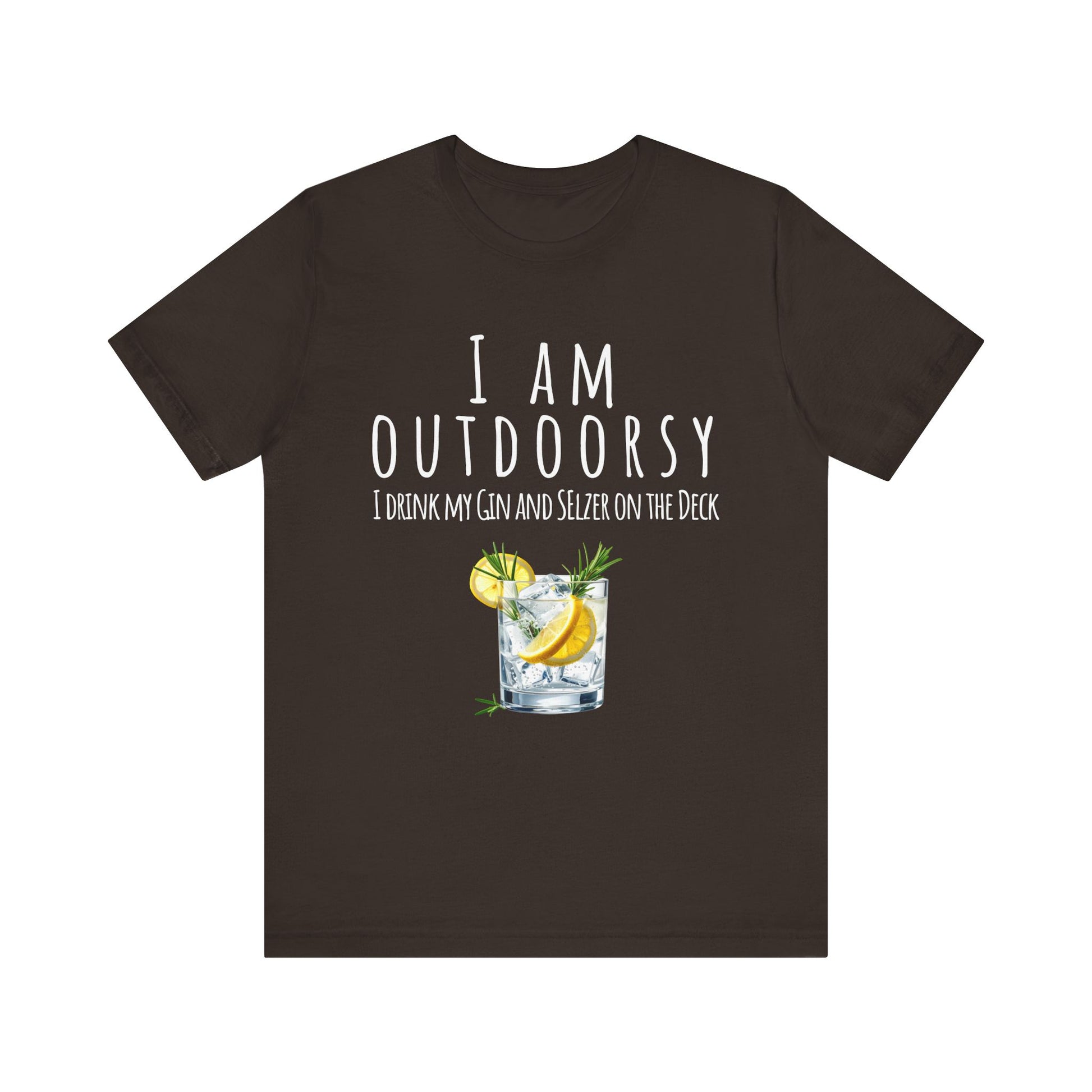 Brown t-shirt with a graphic of a cocktail and text on a white background