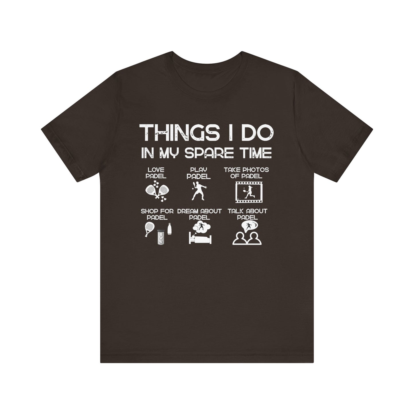 Black t-shirt with white text and icons on a white background