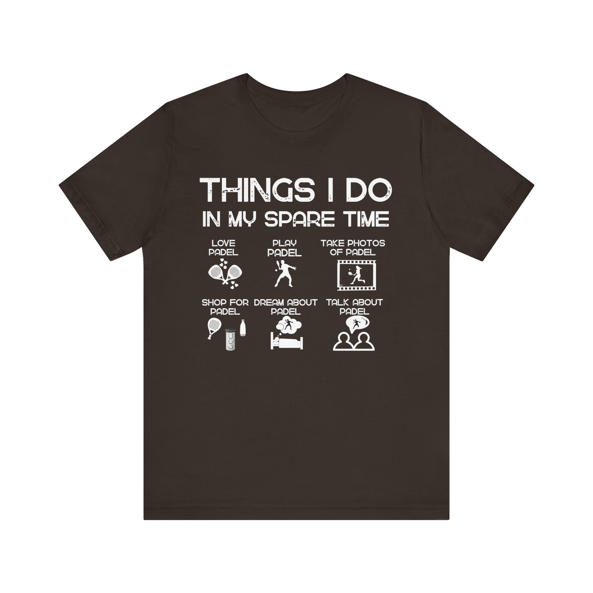 Black t-shirt with white text and icons on a white background