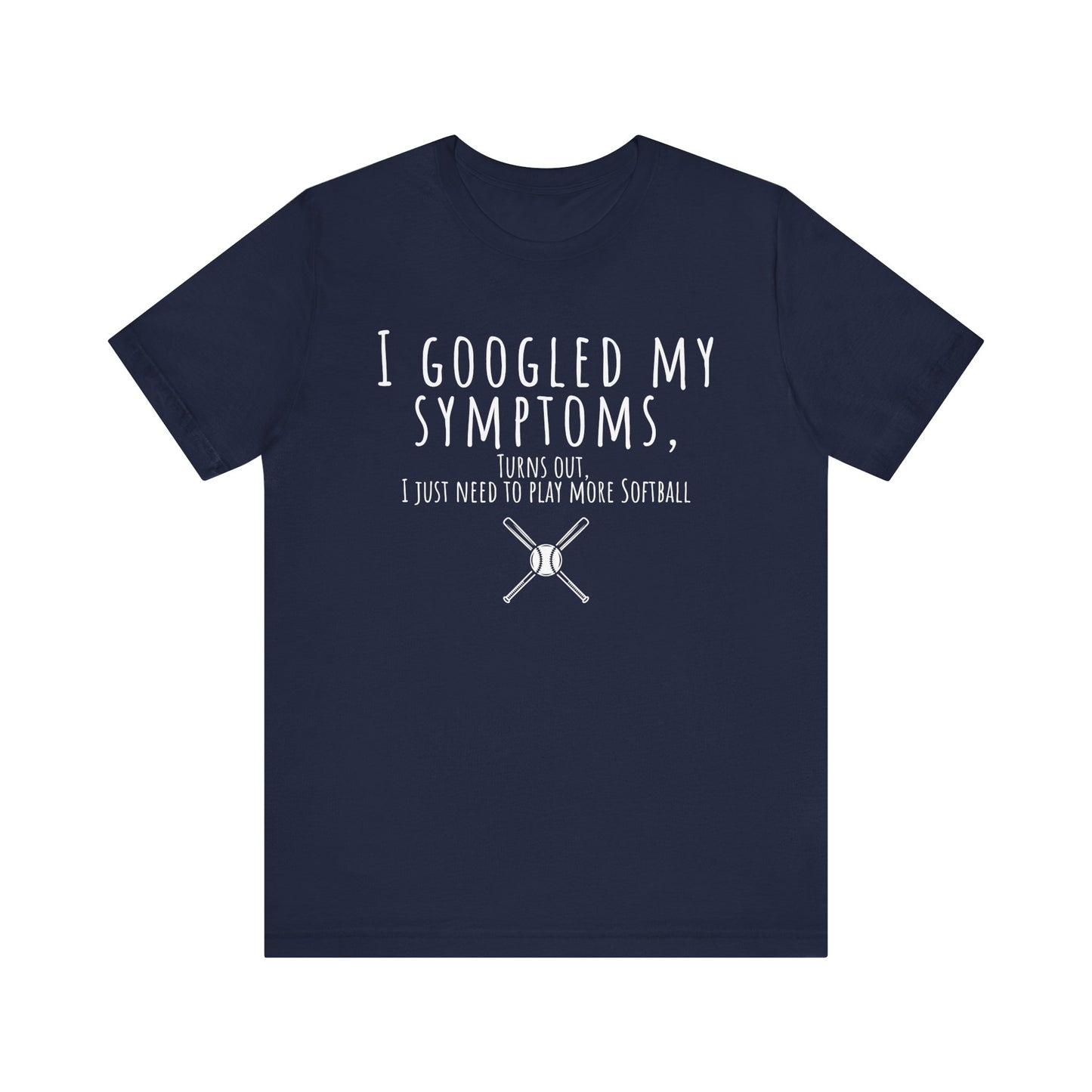 Navy blue t-shirt with white text and softball graphic on a white background
