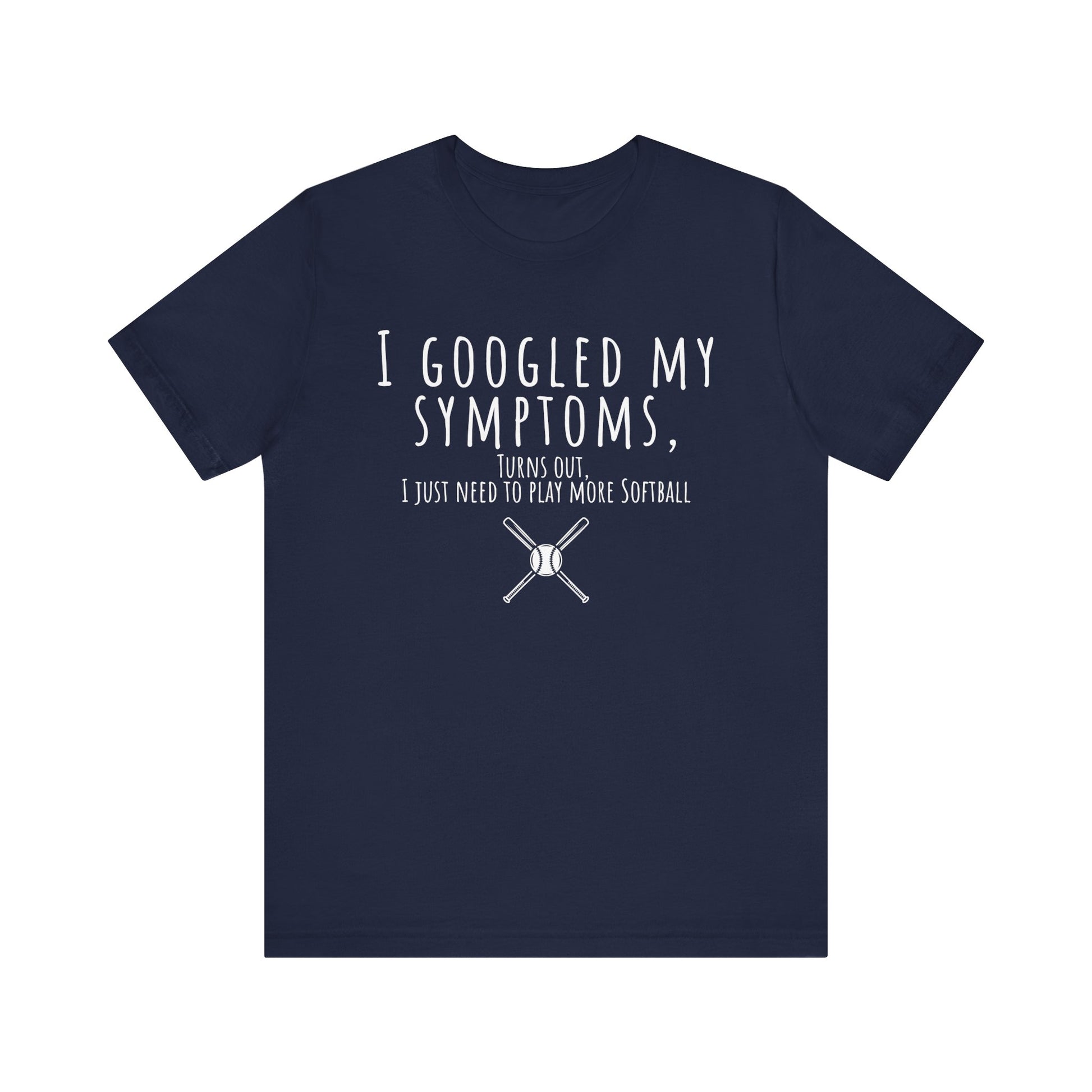 Navy blue t-shirt with white text and softball graphic on a white background