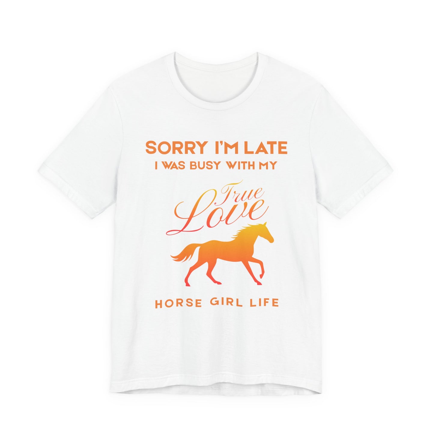 White t-shirt with orange text and horse graphic on a white background