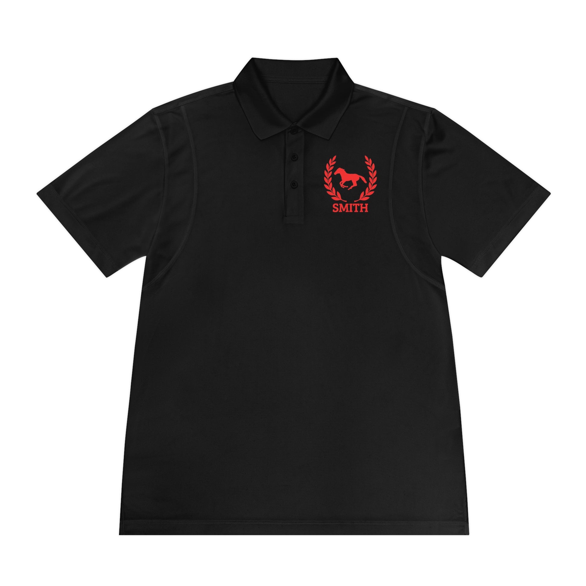 black polo shirt red horse Black polo shirt with red logo and text on a white background