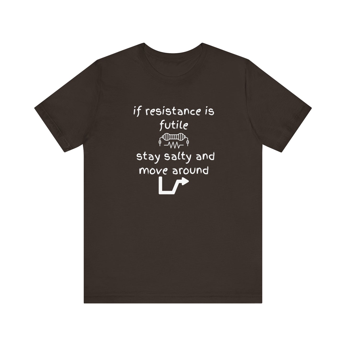 Brown t-shirt with white text and graphics on a white background