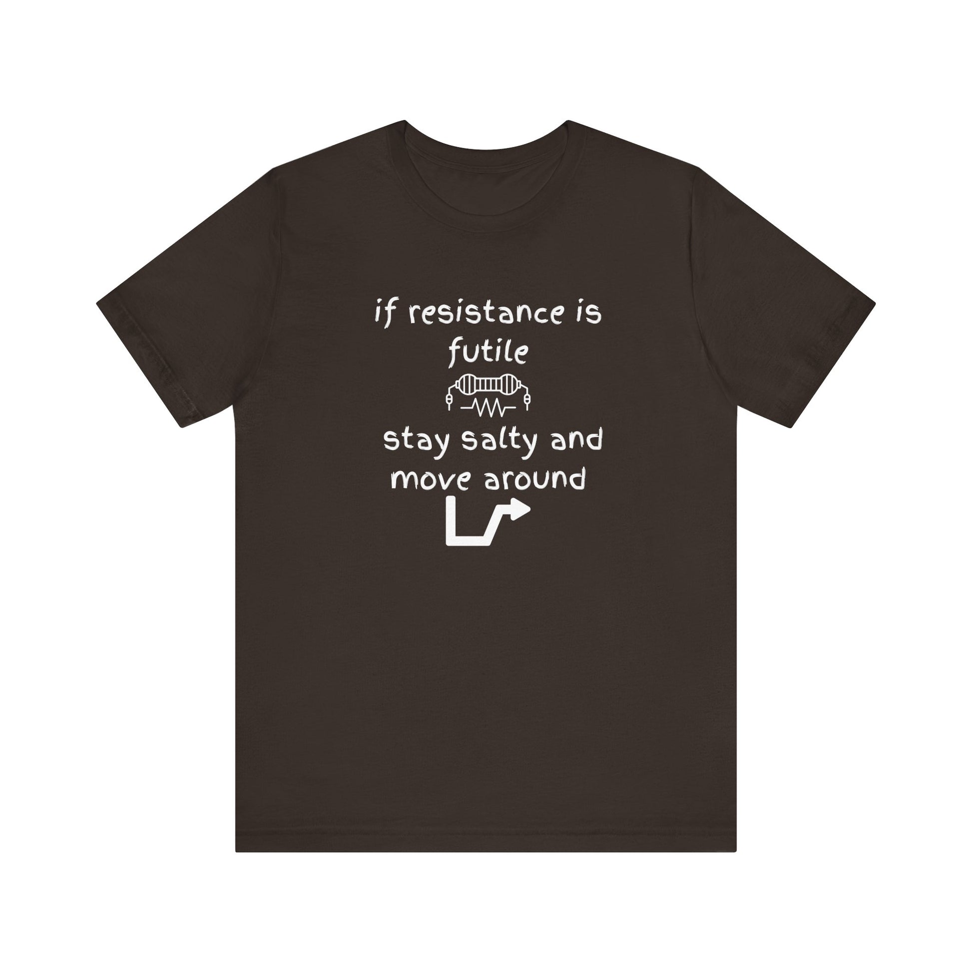 Brown t-shirt with white text and graphics on a white background