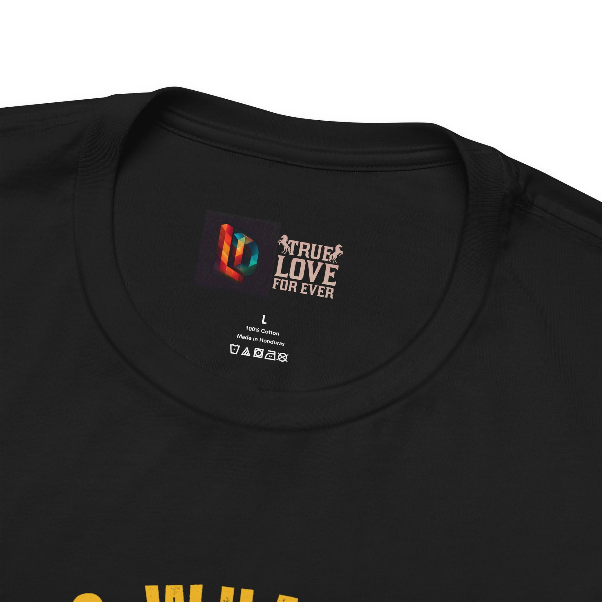 Black t-shirt with a colorful logo and text on the collar