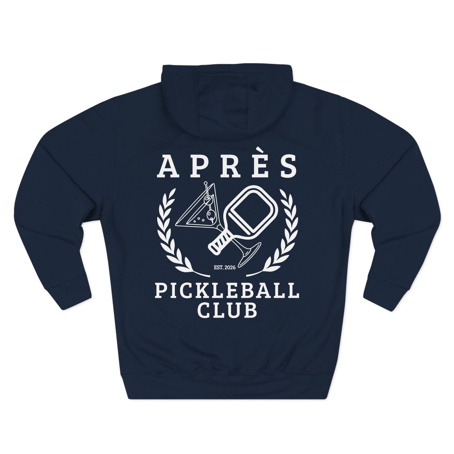 Funny Pickleball Hoodie Navy blue hoodie with white 'Apres Pickleball Club' design on a white background