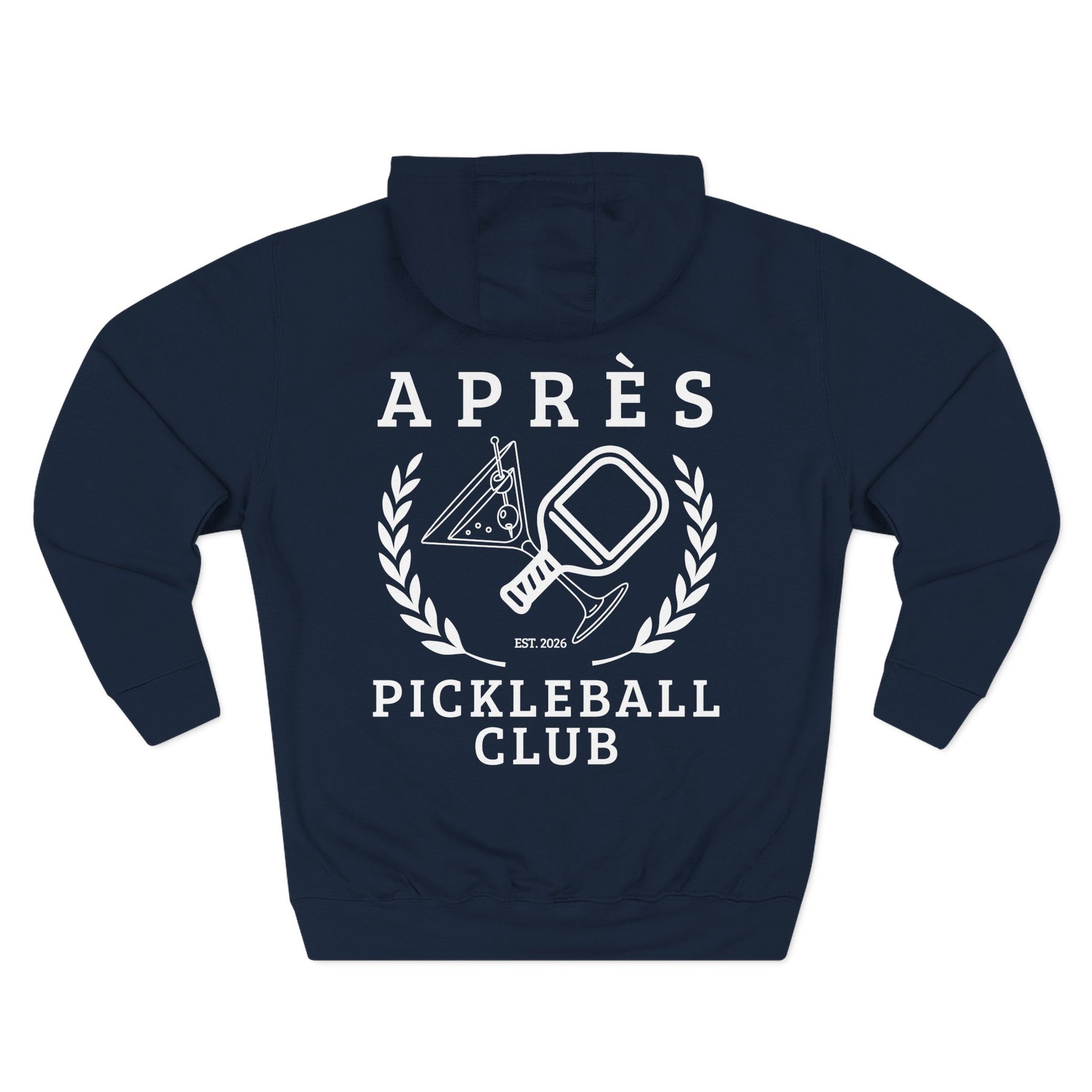 Funny Pickleball Hoodie Navy blue hoodie with white 'Apres Pickleball Club' design on a white background