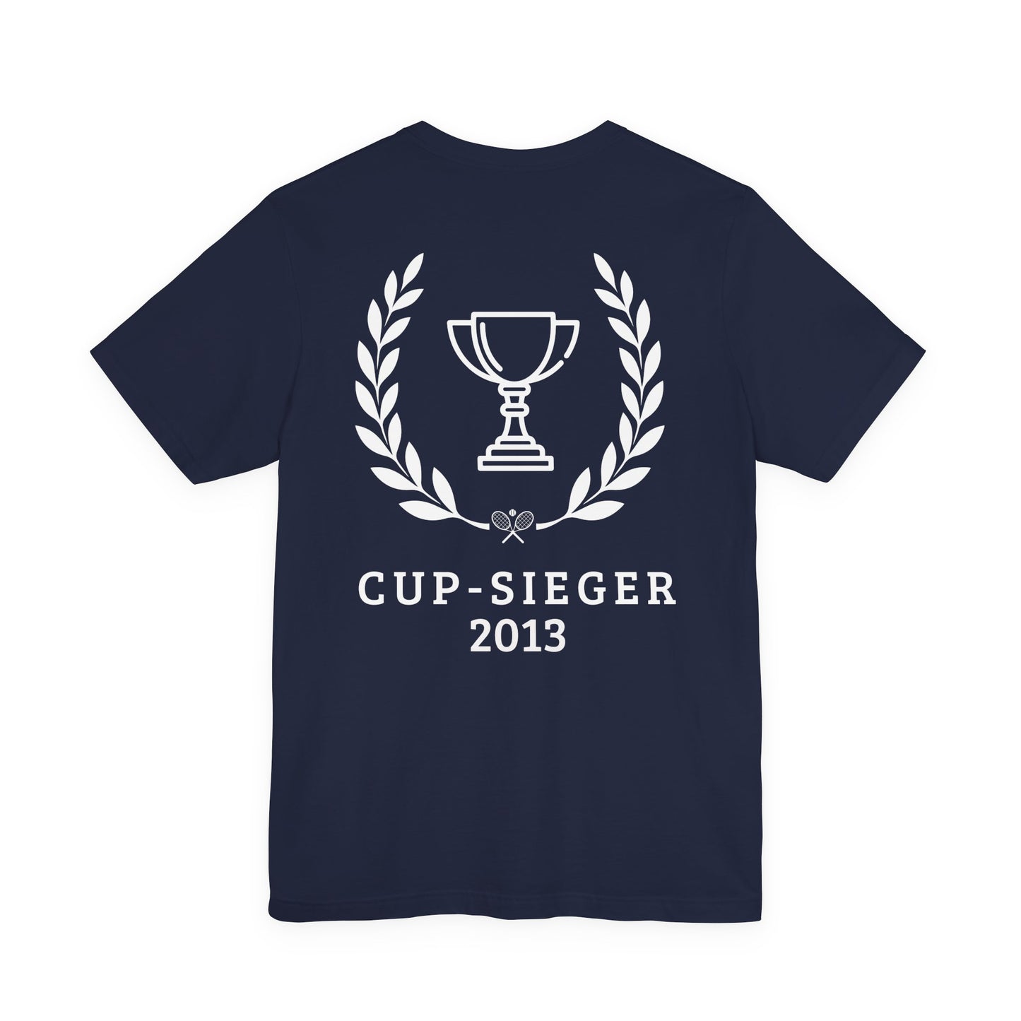 Xutos More than tennis Navy blue t-shirt with white laurel wreath and trophy design on a white background