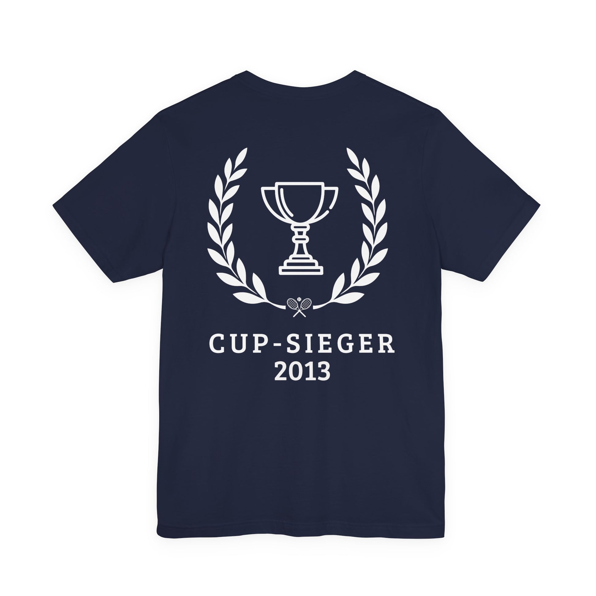 Xutos More than tennis Navy blue t-shirt with white laurel wreath and trophy design on a white background
