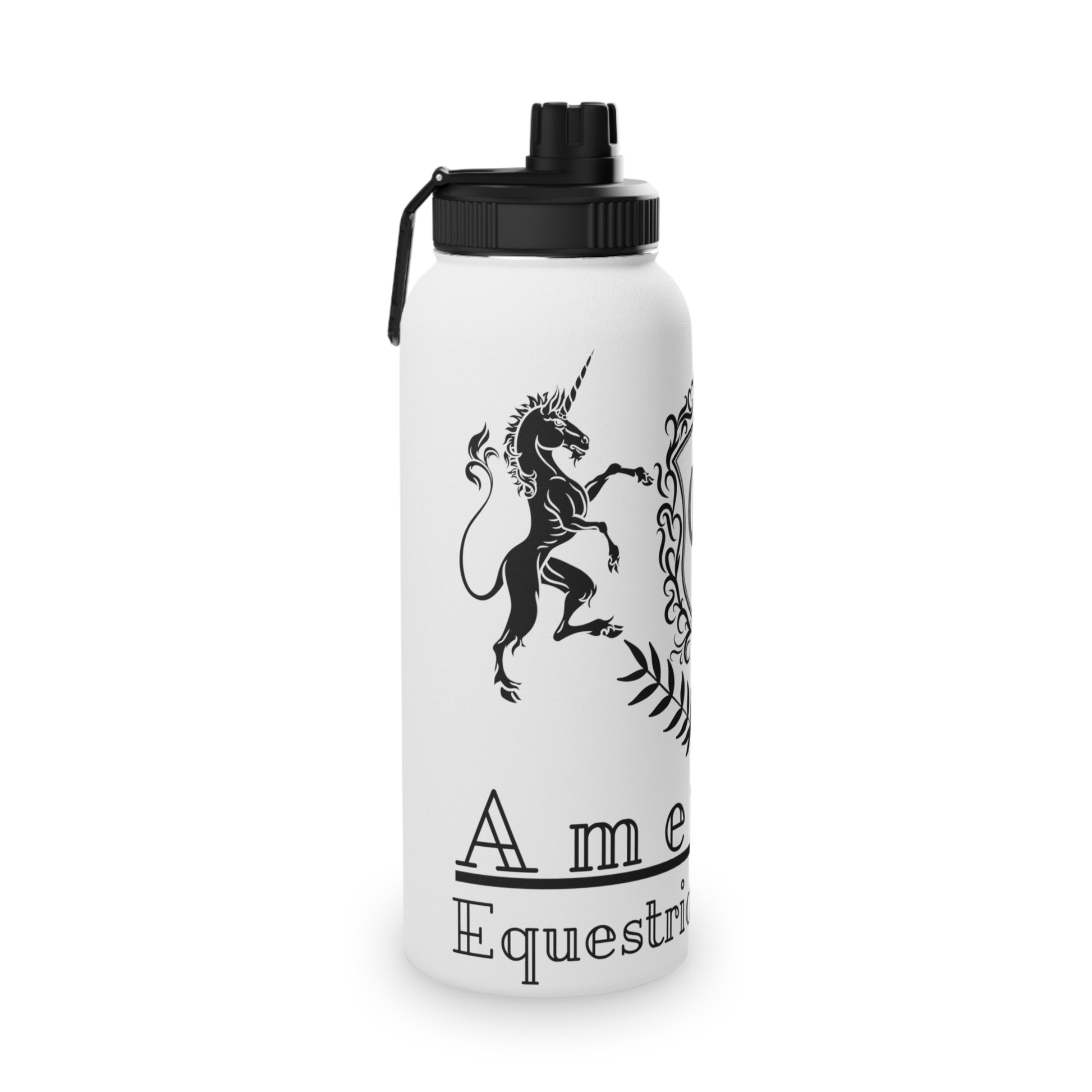 White water bottle with black unicorn design and text on a white background
