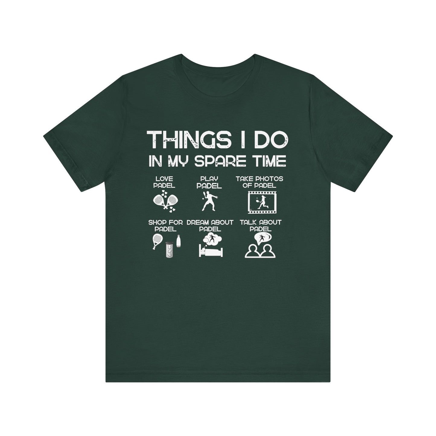 Green t-shirt with white text and icons on a white background