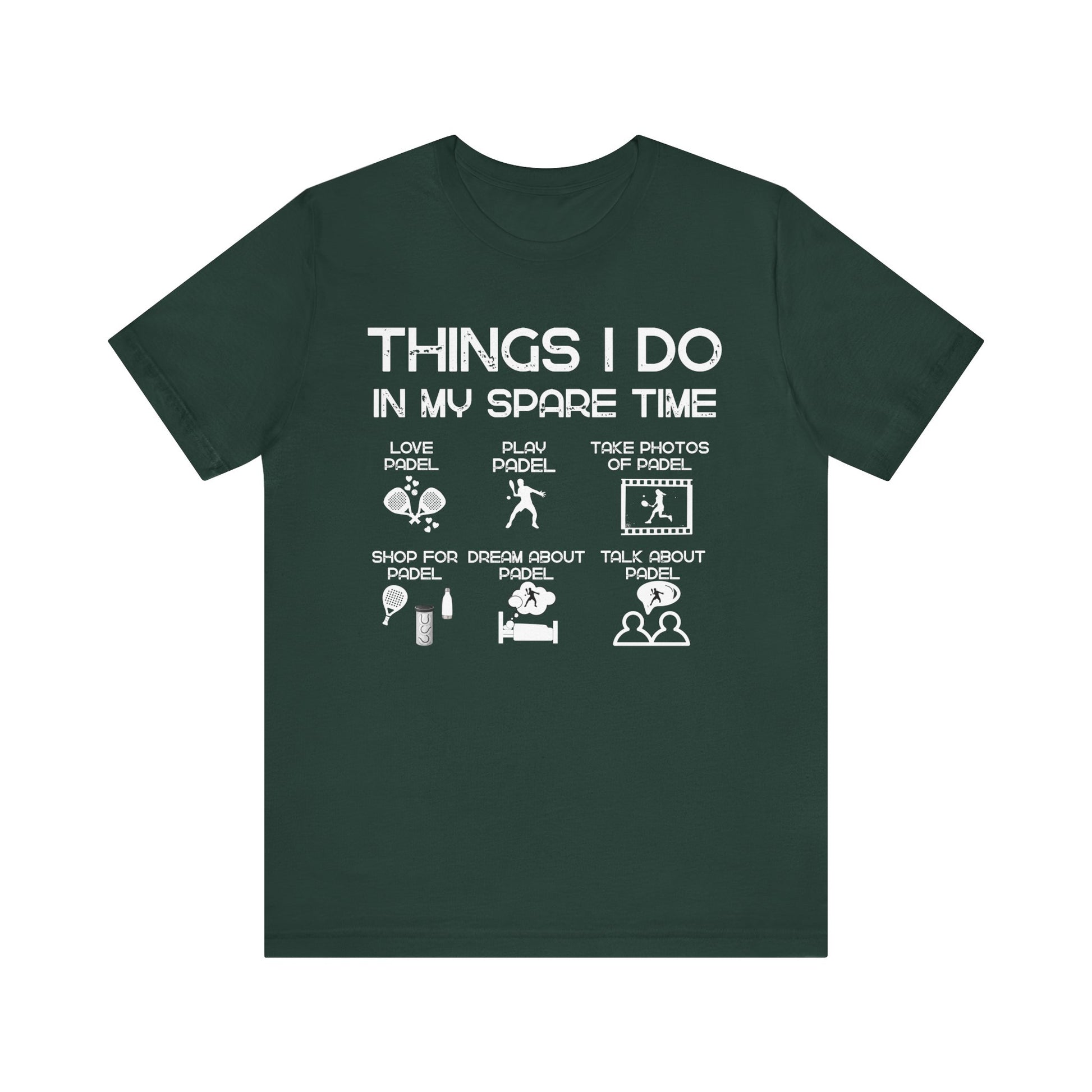 Green t-shirt with white text and icons on a white background