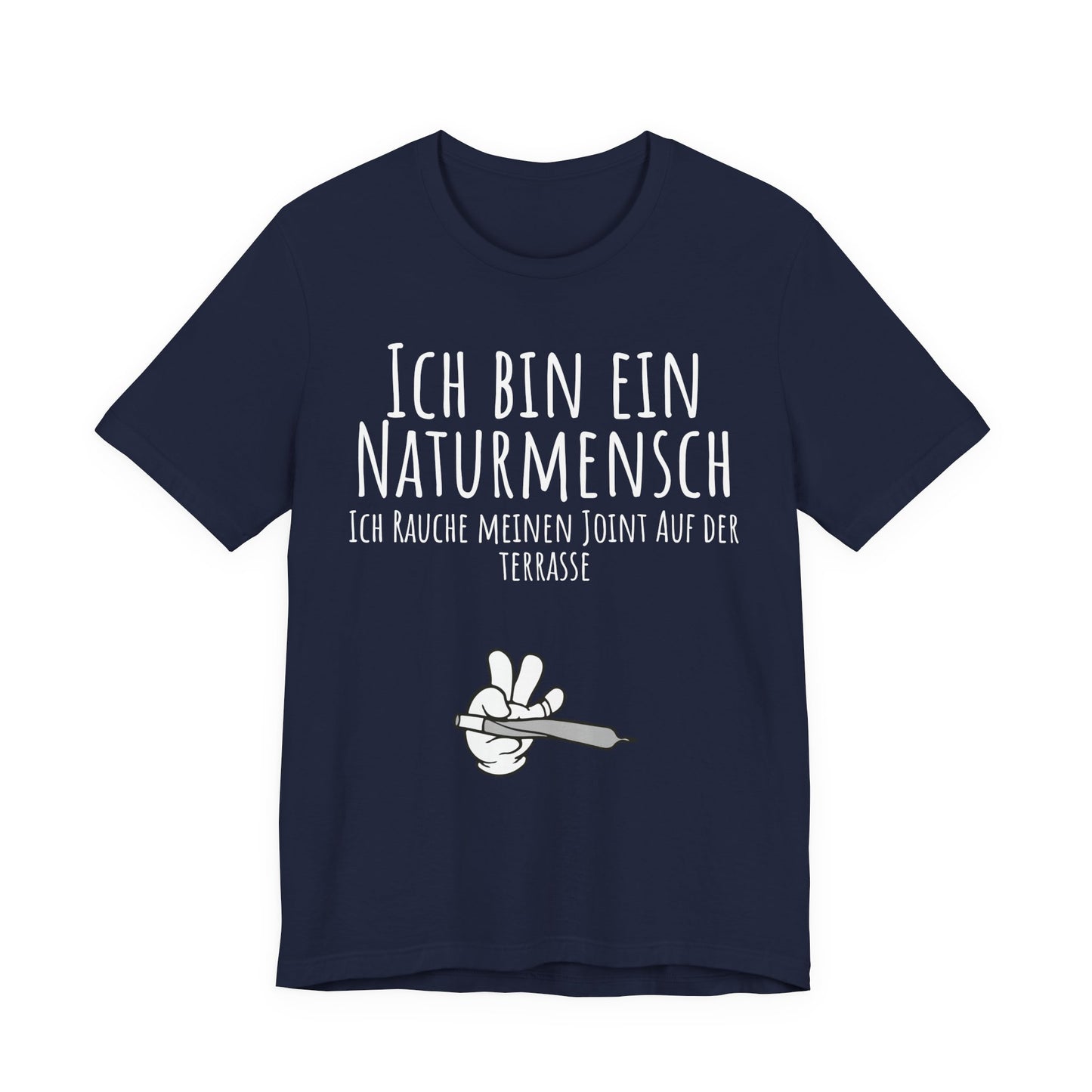Navy blue t-shirt with white text and graphic on a white background