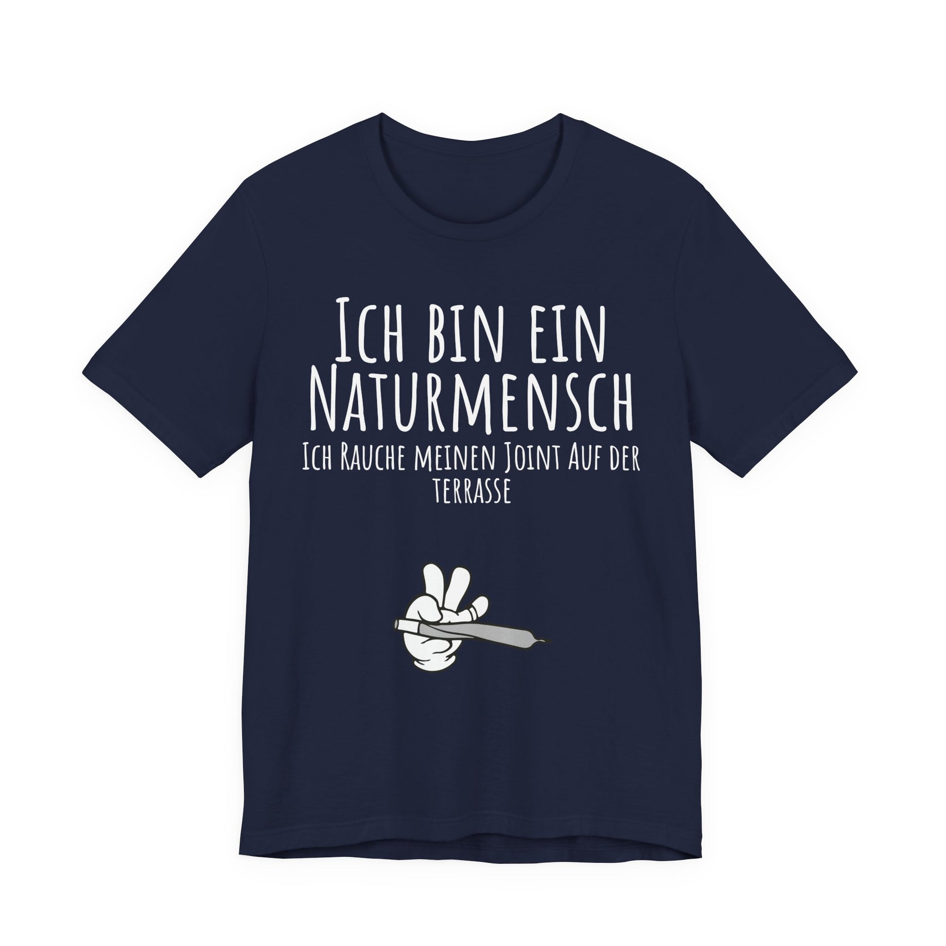 Navy blue t-shirt with white text and graphic on a white background