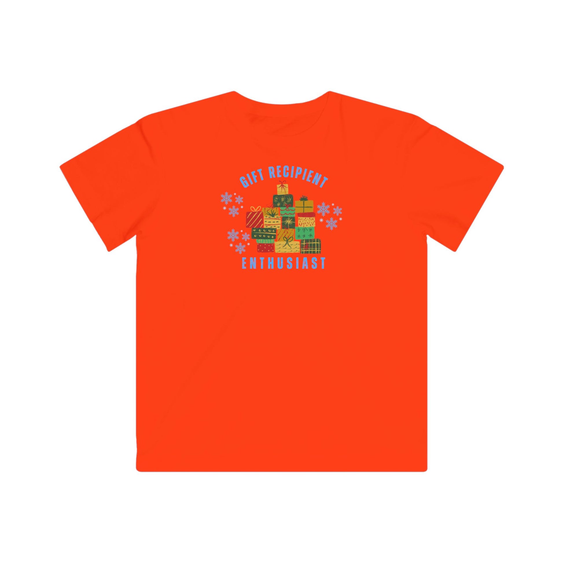Orange t-shirt with a graphic design on the back against a white background