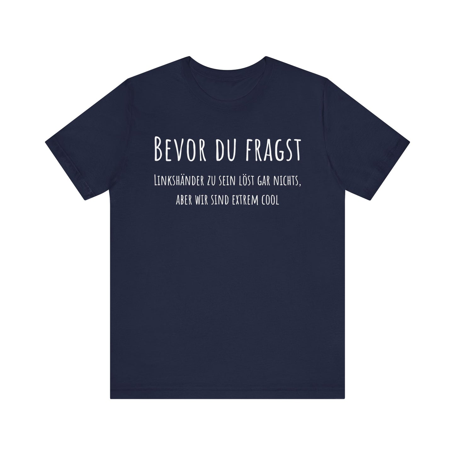 Navy blue t-shirt with white text on a white background
