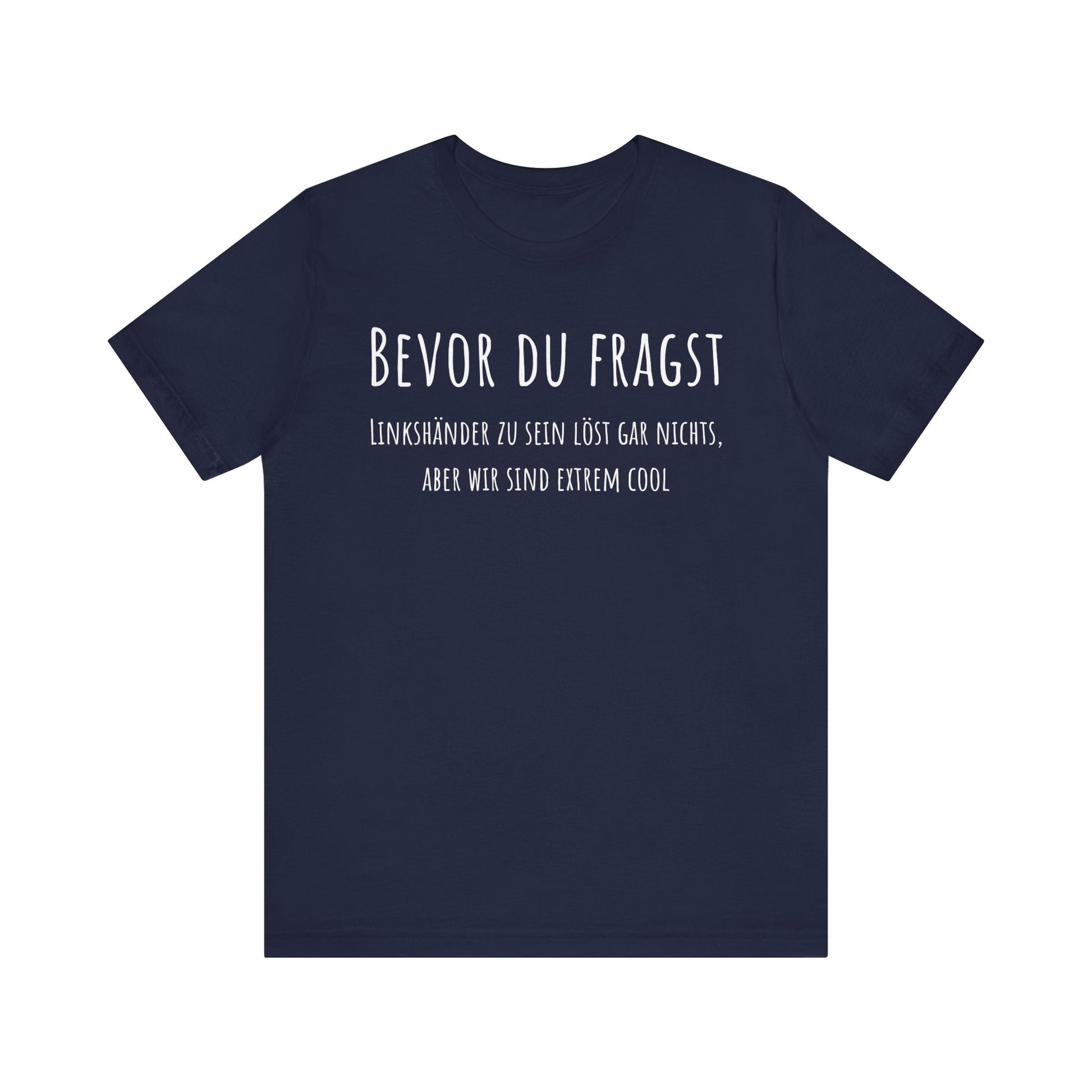 Navy blue t-shirt with white text on a white background