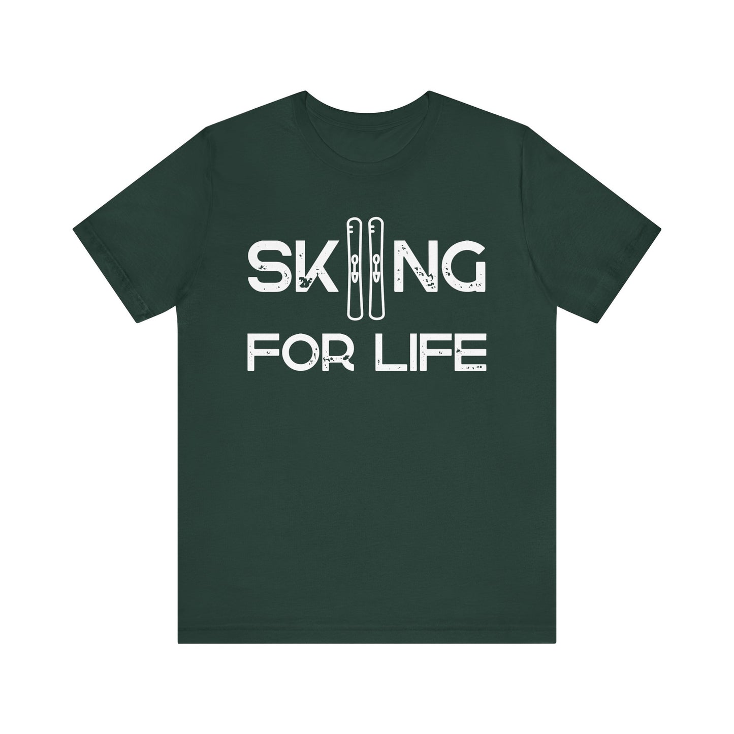 Green t-shirt with 'Skiing for Life' text on a white background
