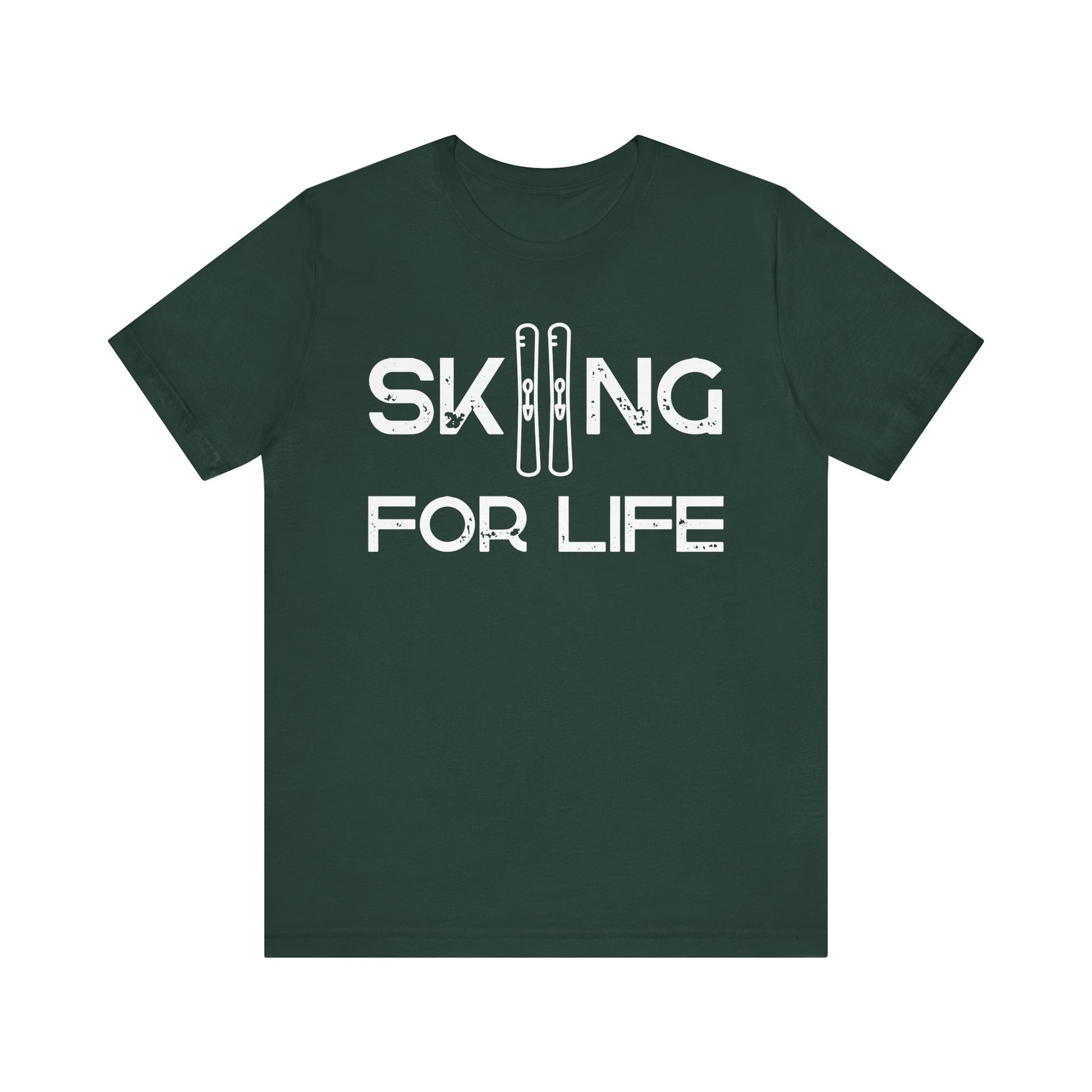 Green t-shirt with 'Skiing for Life' text on a white background