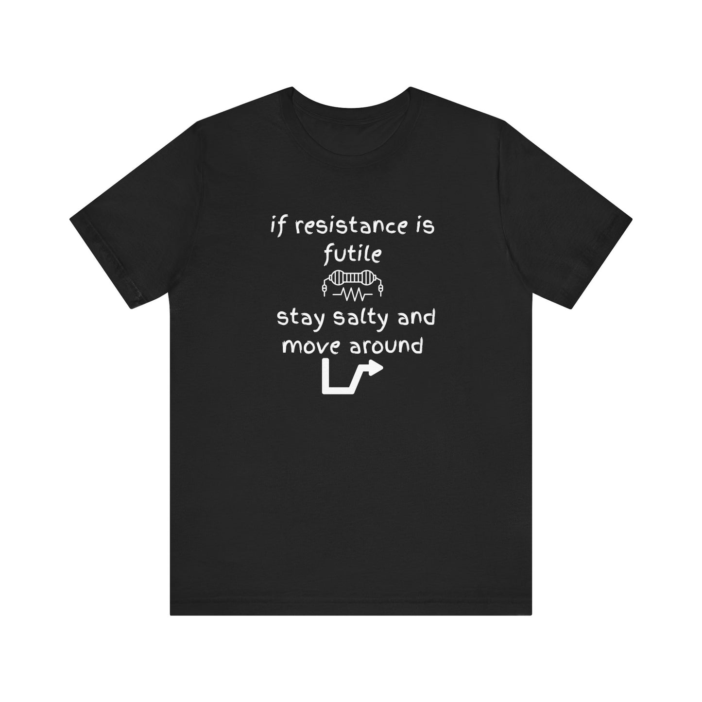 Black t-shirt with white text and graphics on a white background