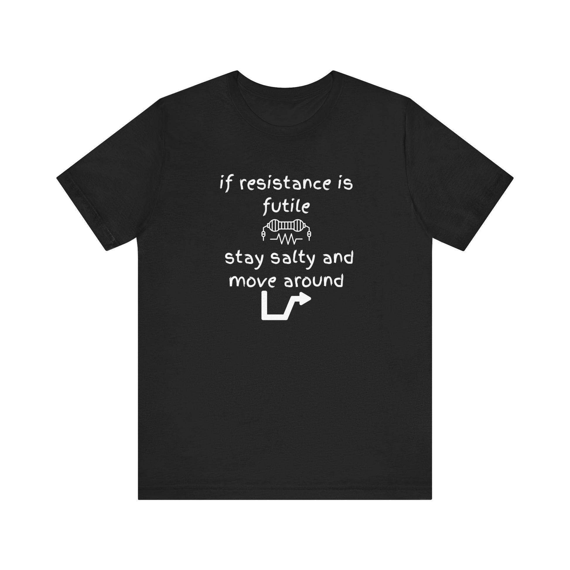 Black t-shirt with white text and graphics on a white background