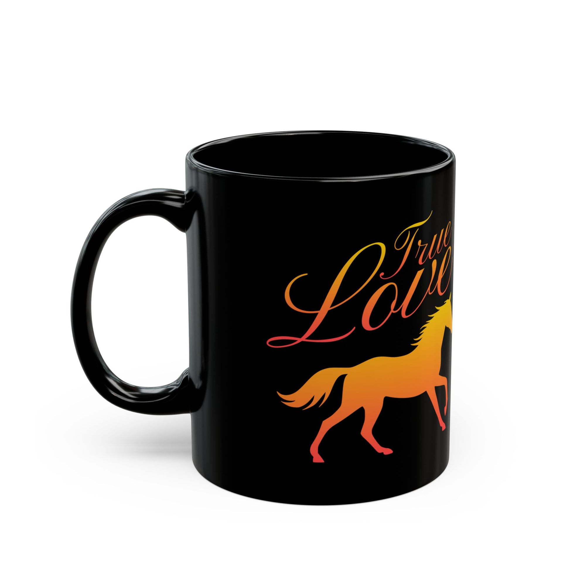 Black mug with a horse and 'True Love' design on a white background