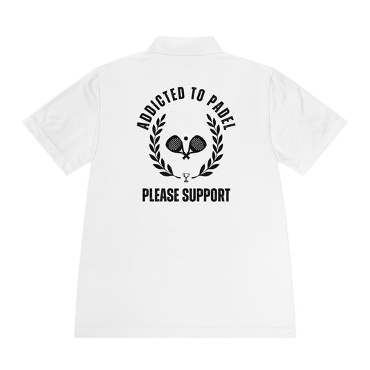 White polo shirt with black text and graphics on the back